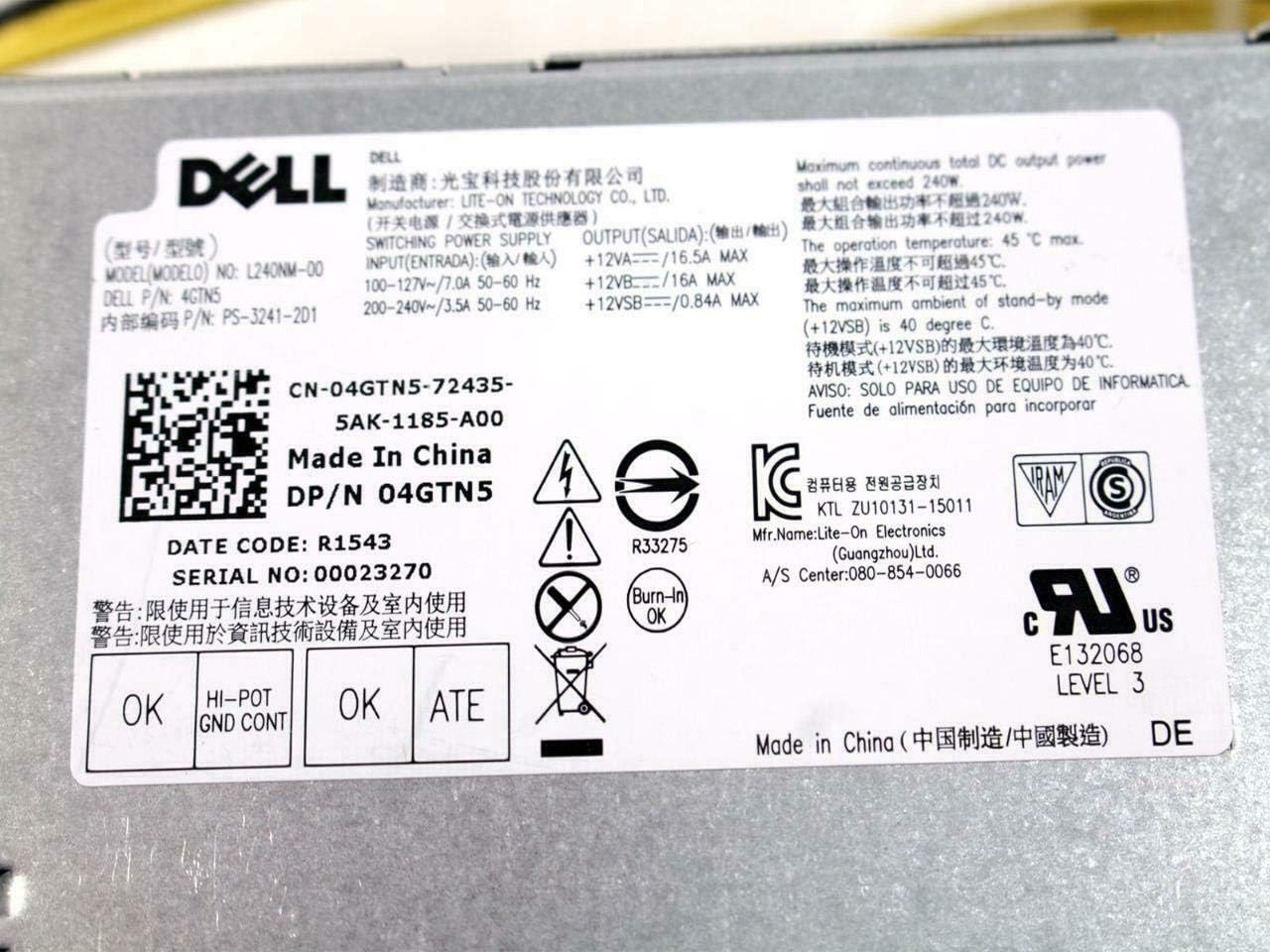 H62JR 240W New Power Supply for Dell Optiplex 3040 3650 3656 5040 7040 (SFF) B240NM-00 HU240AM-00 AC240EM-00 P/N: THRJK 4GTN5 4R1KT D7GX8 HGRMH 2P1RD 3RK5T 6WX7D 0M1C3 J1J77 RKTF0 20WFG RWMNY