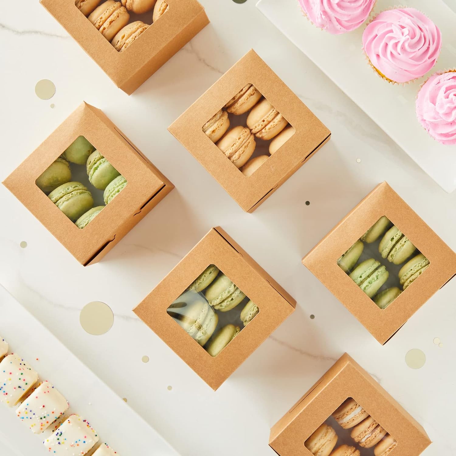 50 Pack Individual Pastry Boxes with Window for Bakery Supplies, 4x4x2 Kraft Dessert Containers for Muffins, Treats, Cookies, Mini Pies