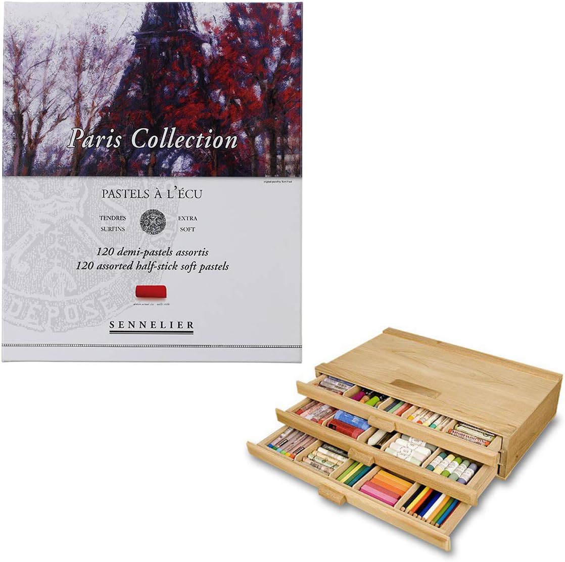 Jerry's Artarama Artist's 120pc Soft Pastel Set, Includes 3 Drawer Wood Storage Box, Paris Collection