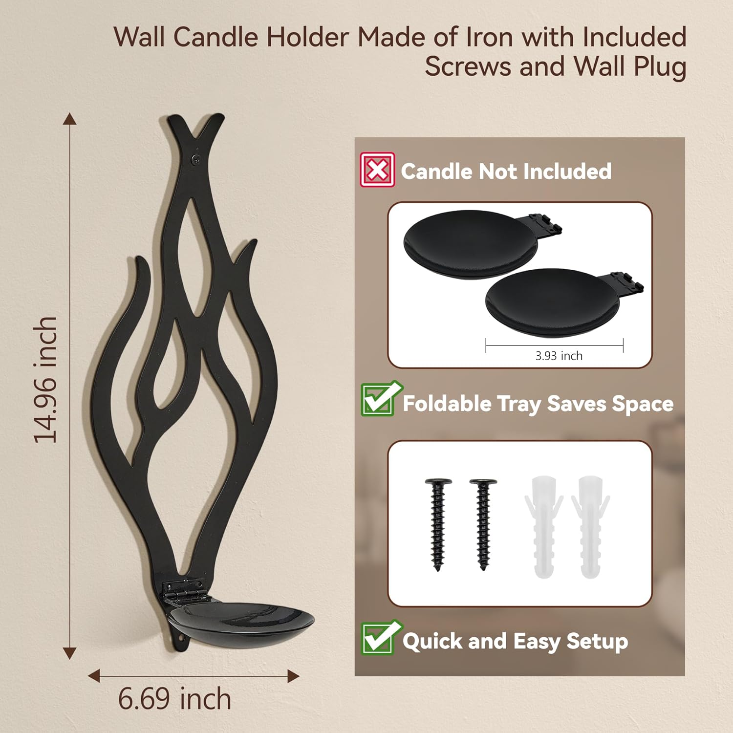 Wall Candle Sconces Set of 2, Modern Minimalist Metal Candle Holders for Pillar, Tealight, and LED Candles, Flame-Shaped Decorative Wall Decor for Living Room Dining Room (Black)