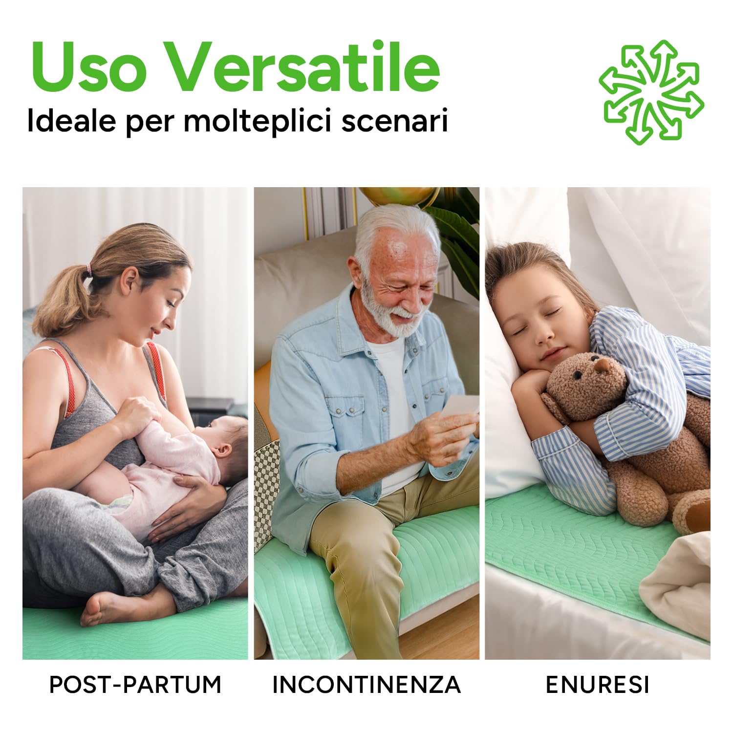 WhyWorry Traverse Letto Anziani, 86x91 cm Traverse Lavabili per Incontinenza Adulti, Copriletto Impermeabile, Proteggi Materasso, Assorbente e Impermeabile, Traspirante, Oeko-TEX, Verde, 4 Unità