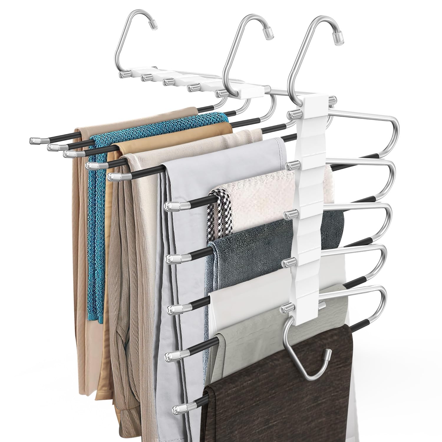 Loretoy 2 Pack Pants Hangers Space Saving, Anti-Slip Multi-Functional Pants Rack, Thickened Stainless Steel Tube with 10 Metal Clips, Two Hanging