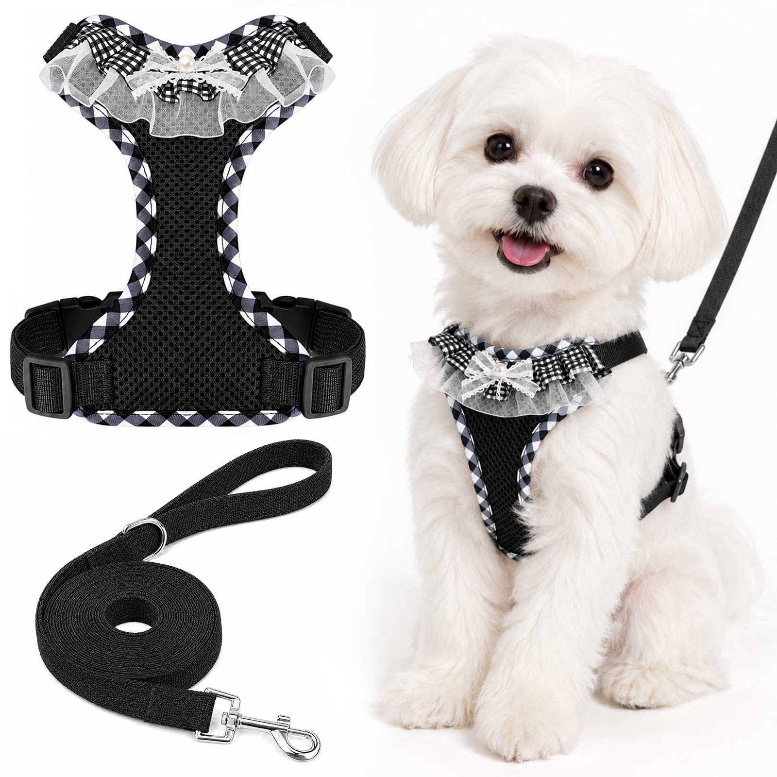Dog Harness and Leash Set, Dog Vest Harness with Plaid Decoration, Black L