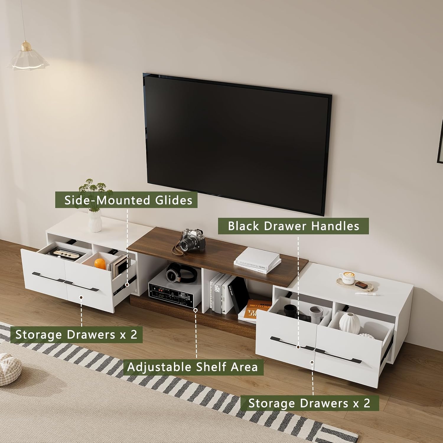 Modern TV Console with Expandable Side Cabinet, Extendable Entertainment Center with 4 Drawers and Open Shelf Fits Up to 120" TV for Living Room Bedroom, Walnut/White