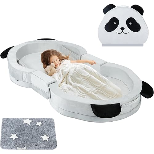 Toddler Travel Bed Panda Style – Foldable & Portable Floor Bed for Kids, Washable Toddler Cot with Safety Rails, Perfect for Children 18M – 5yr Old