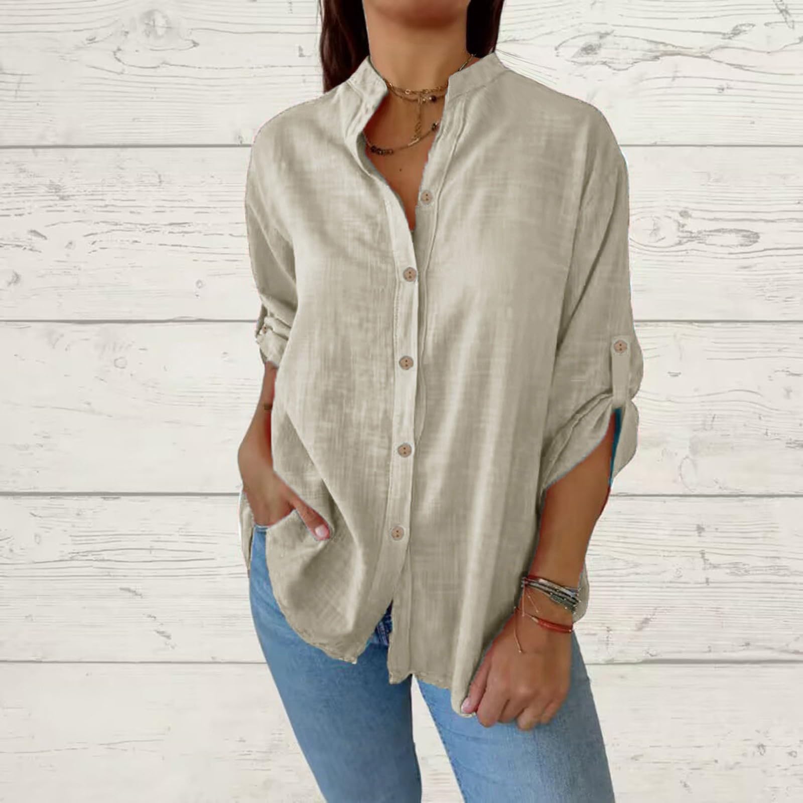 Notch V Neck Button Down Shirts for Women Summer Casual Cotton Linen Tops Rolled Up Long Sleeve Lightweight Blouses Beige