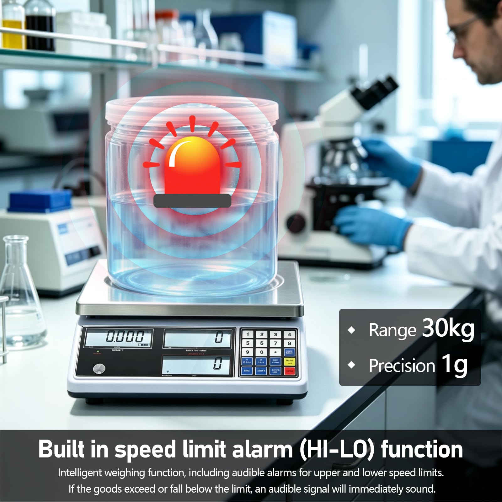 Balance Compteuse 30kg 1g, Balance Industrielle de Précision avec Interface RS232 et Alarme de Limite Balance Digitale de Table pour Inventaire Laboratoire et Atelier g lb kg sans Batterie