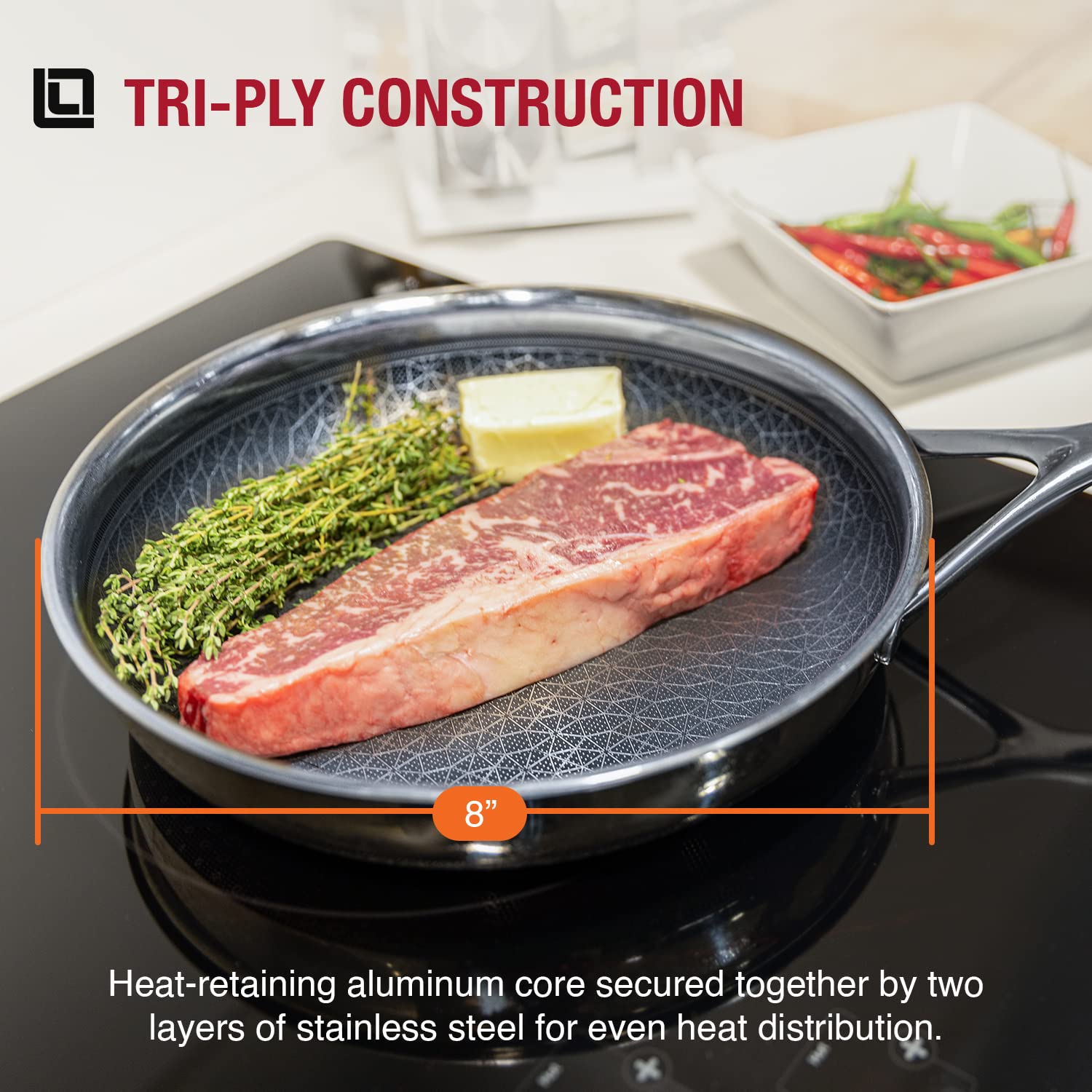 LIVWELL DiamondCladâ„¢ 8-inch Hybrid Nonstick Stainless Steel Frying Pan, Dishwasher Safe, PFOA-free - Silver/Black