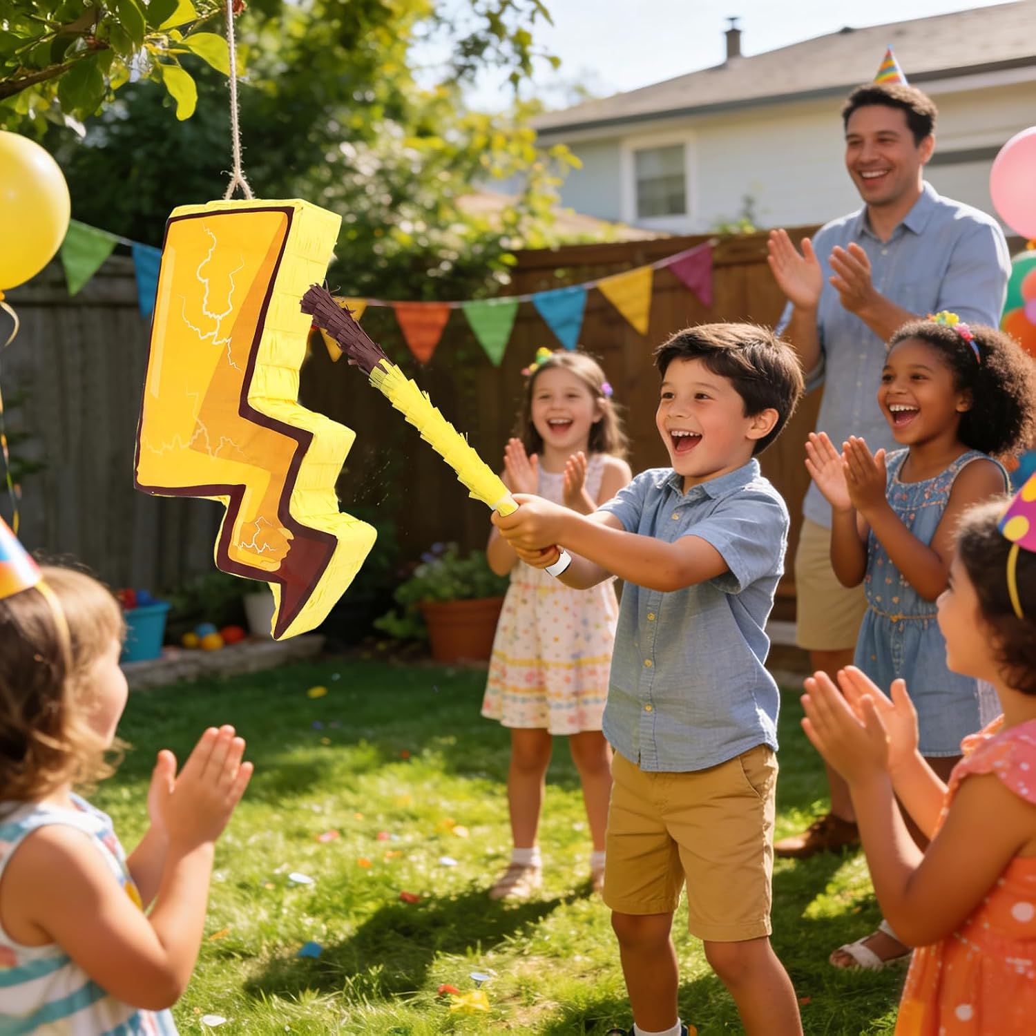 Lightning Piñata with Blindfold and Stick Lightning Bolt Piñata Bundle for Flash Weather Theme Birthday Baby Shower Halloween Party Decorations Game Supplies