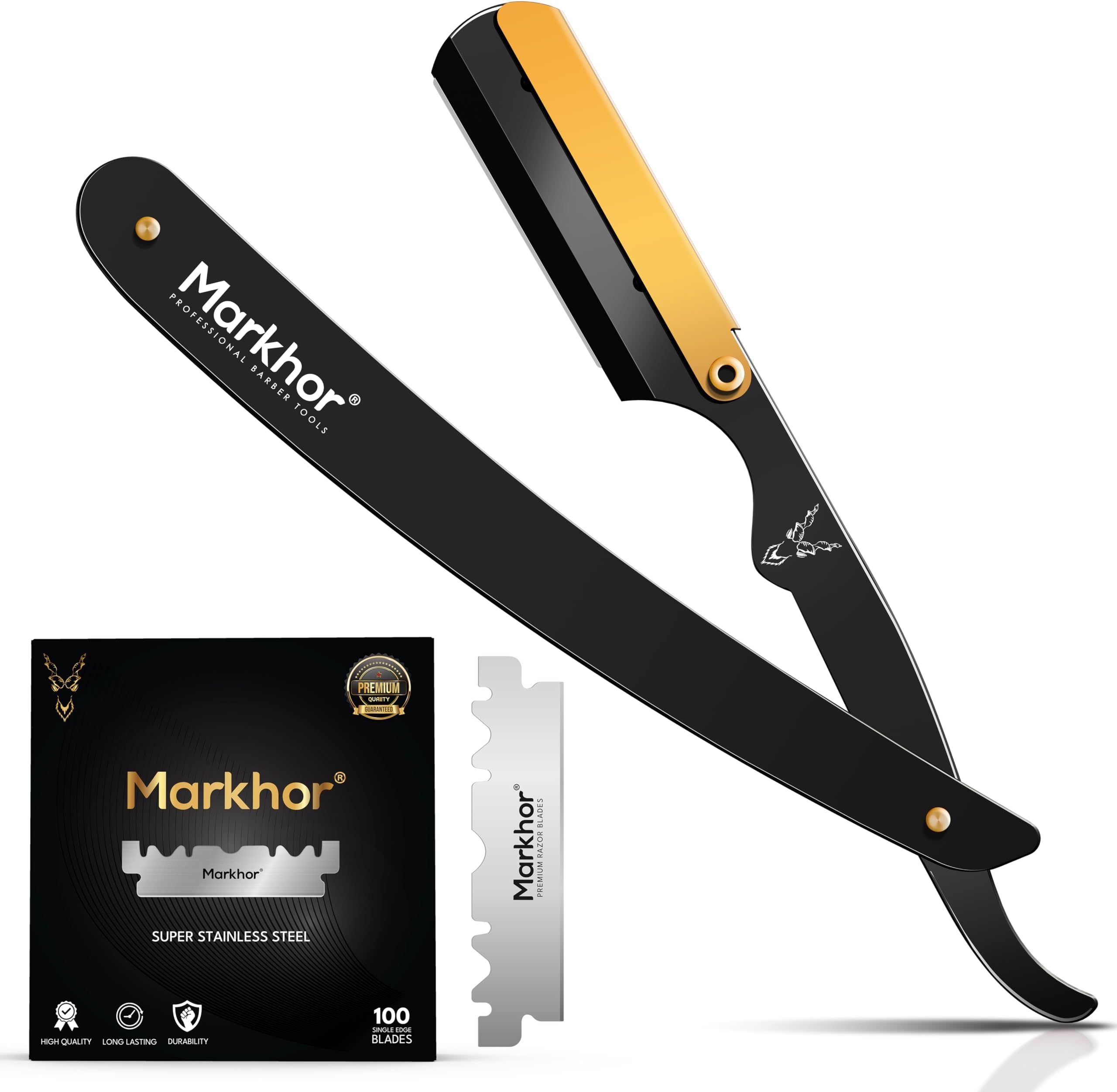 Markhor® Straight Razors for Men with 100 Single Edge Blades | Matte Gold Black Single Blade Razor | Straight Edge Razor | Shaving Razor | Barber Razor Blade | Navajas Para Barbero