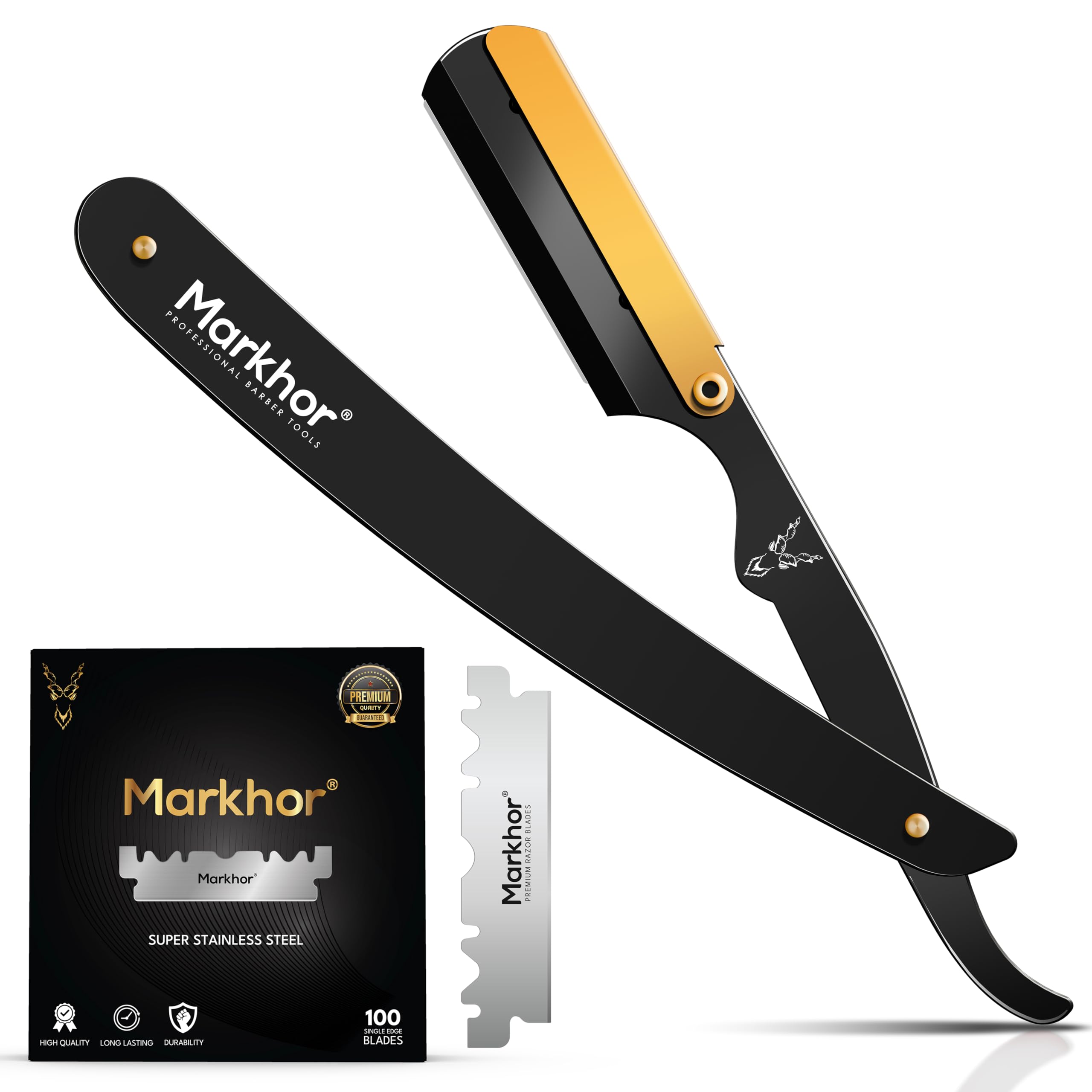 Markhor® Straight Razor for men with Leather Pouch & Replaceable Blades | Single Blade Razor | Premium Shaving Razor | Stainless Steel Barber Razor Blade | Straight Edge Razor | Navajas Para Barbero