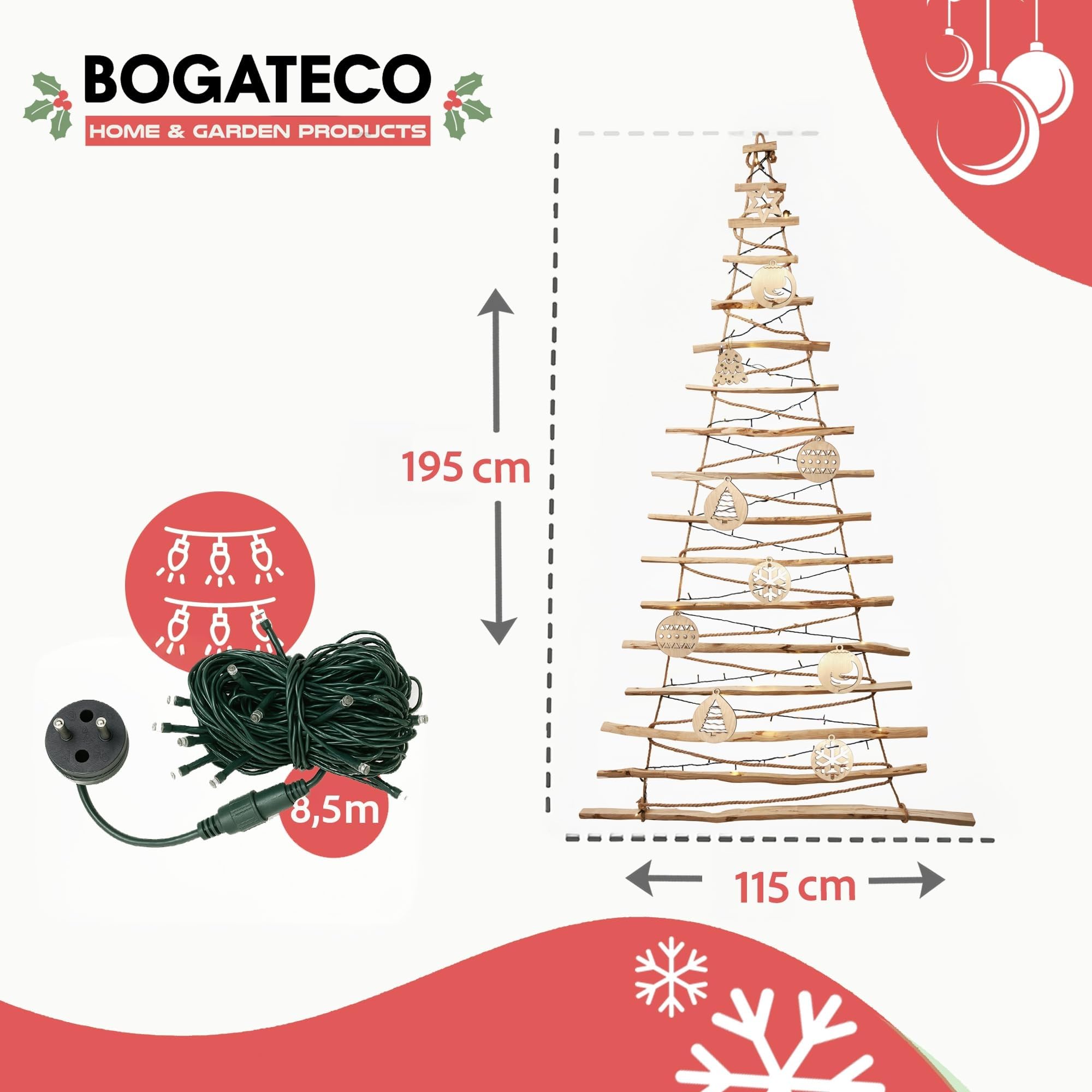 BOGATECO Albero di Natale fatto a mano, con decorazioni, 195 cm, con LED da 230 V, in legno di nocciola, ciondolo decorativo, pannelli di legno collegati a una corda di iuta con uno spessore di 6 mm