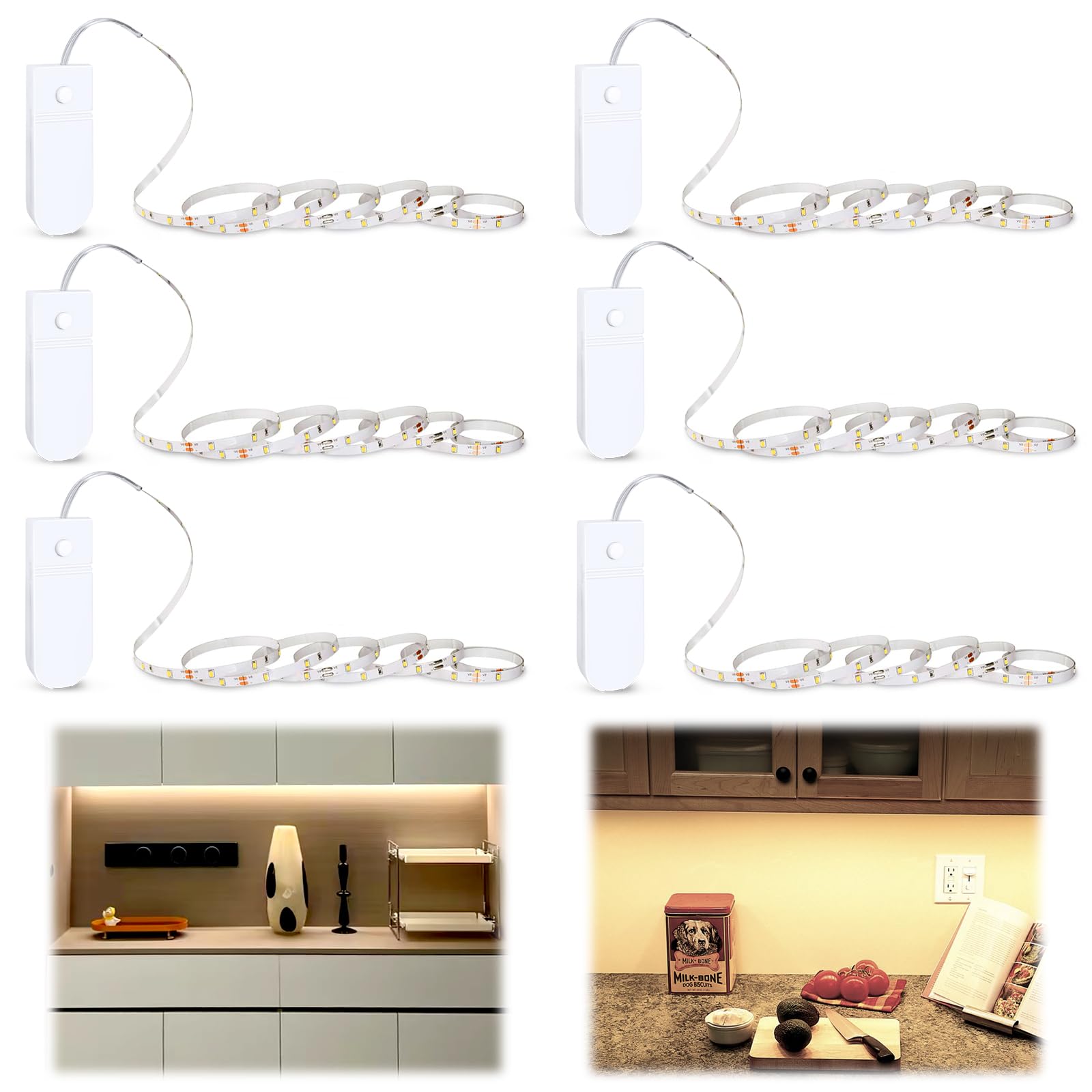 MXTIMWAN LED Streifen Batteriebetriebene, 3000K Warmweiß LED Streifen, 6-Pack 1 Meter Ultradünnen LED-Streifenleuchten, 5cm 60 LED, für Küche, Toilette, Schlafzimmer