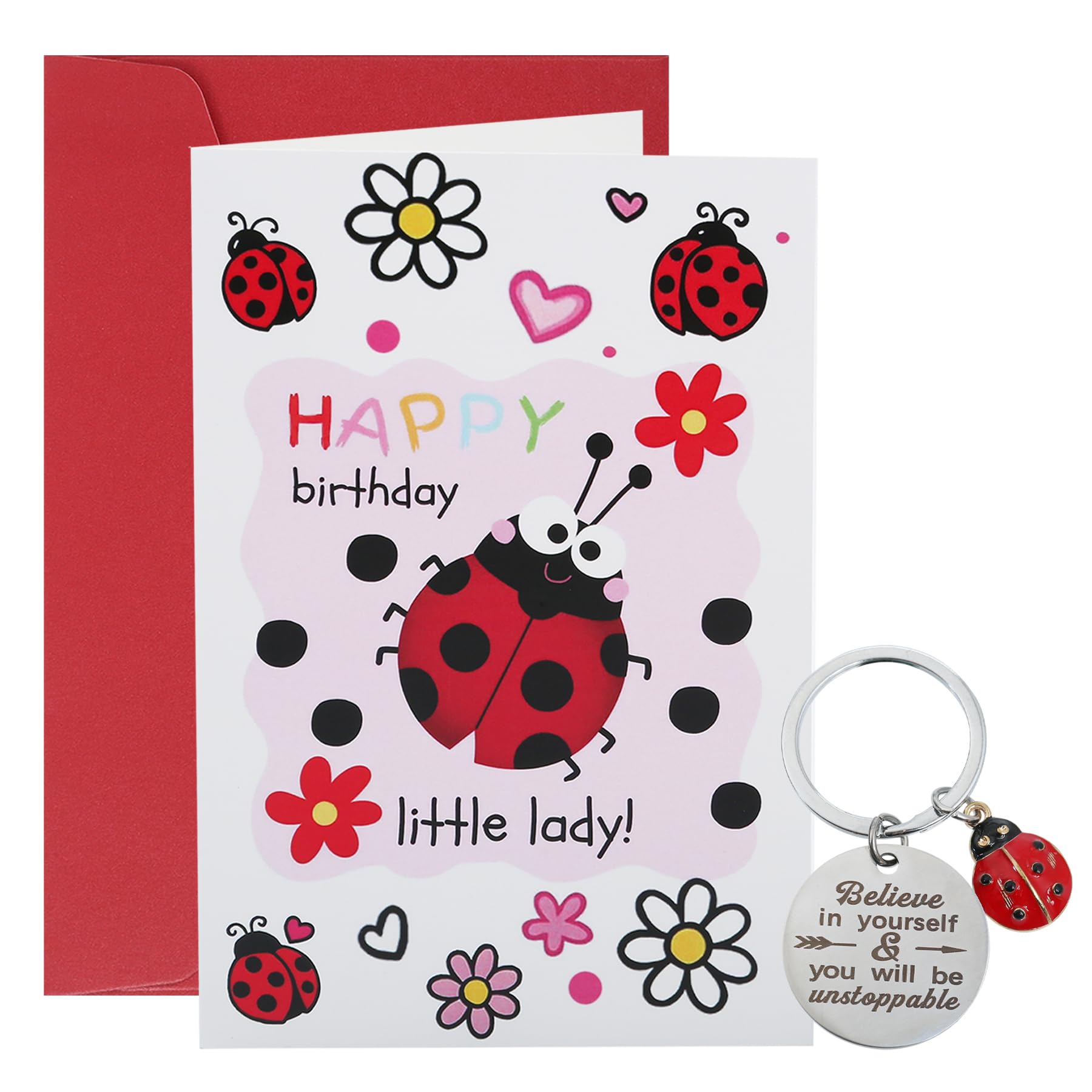 Wasise Ladybird Birthday Card - Happy Birthday Card, Cute Ladybird Gifts with Inspirational Message, Ladybirds Cards and Keyring Set, Belated Birthdays Cards with Envelope, Ladybirds Gifts for Women