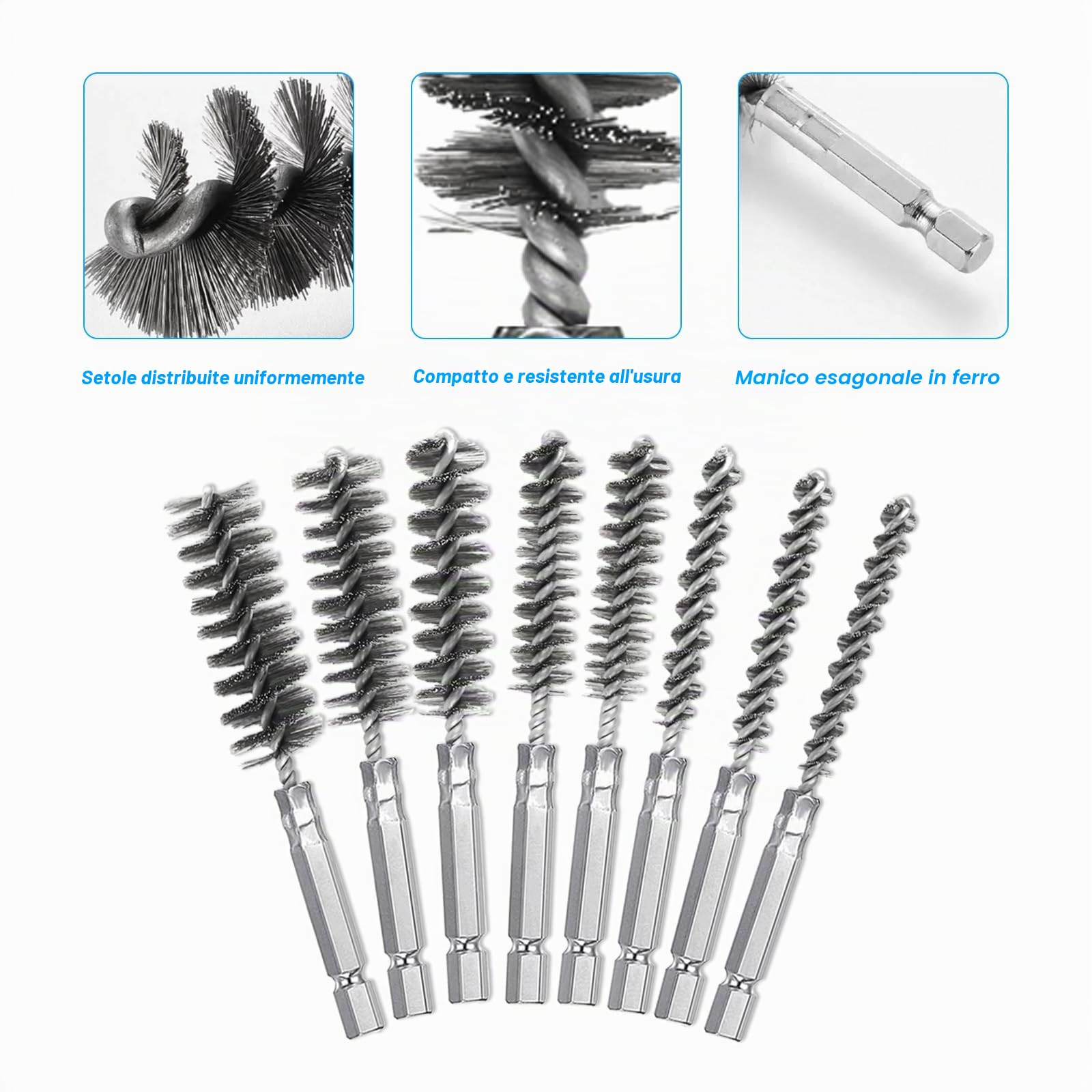 Set di 8 spazzole metalliche in acciaio inox per la pulizia, spazzola metallica per trapano elettrico, strumenti di lucidatura con asta esagonale da 6,35 mm