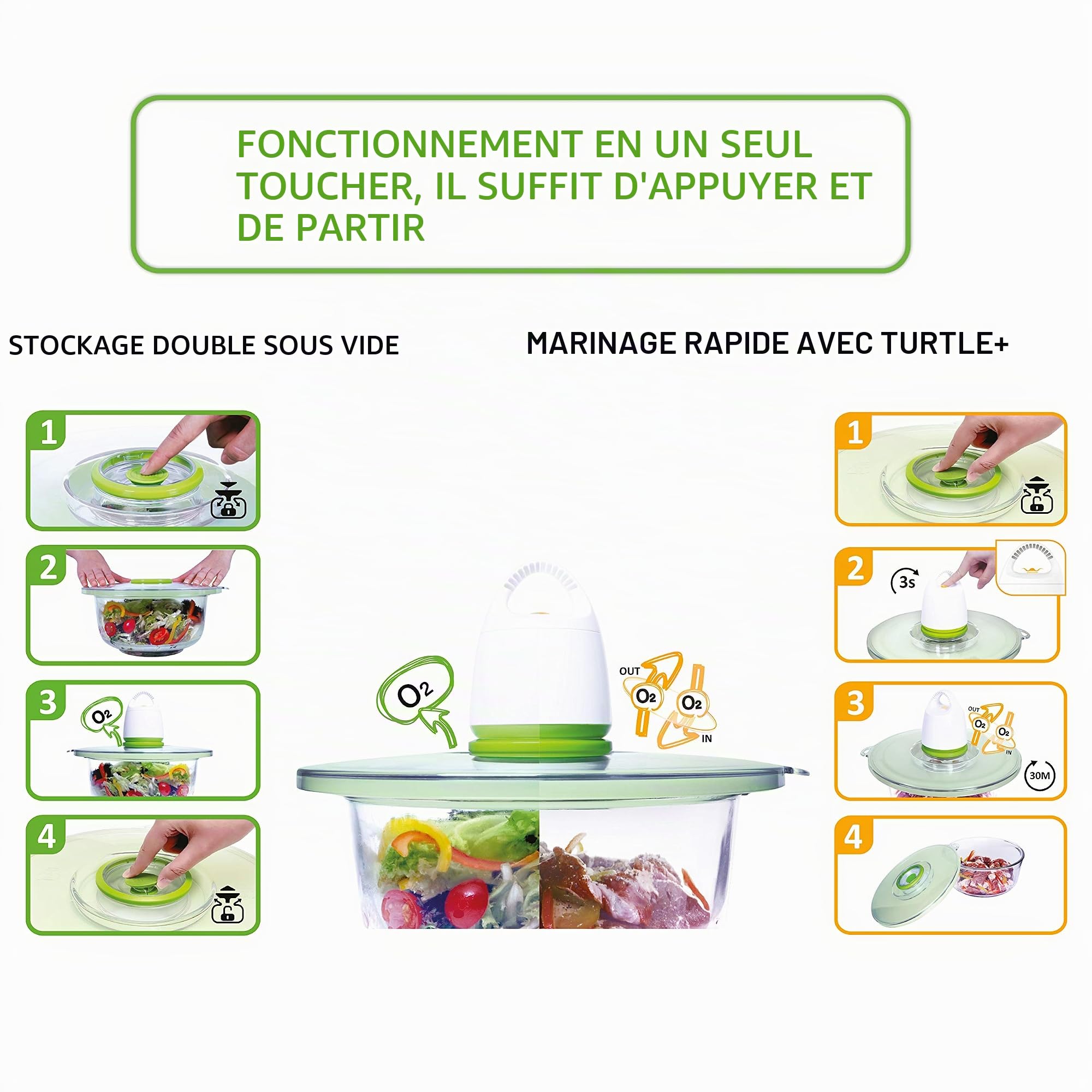PACK LYON STARTER KIT FOSA avec la pompe sous vide intelligente sans fil "TURTLE+" incluse, 1 couvercle sous vide intelligent DUAL-Vac et 2 récipients en VERRE compatible four de 3.75 L et 1.4 L