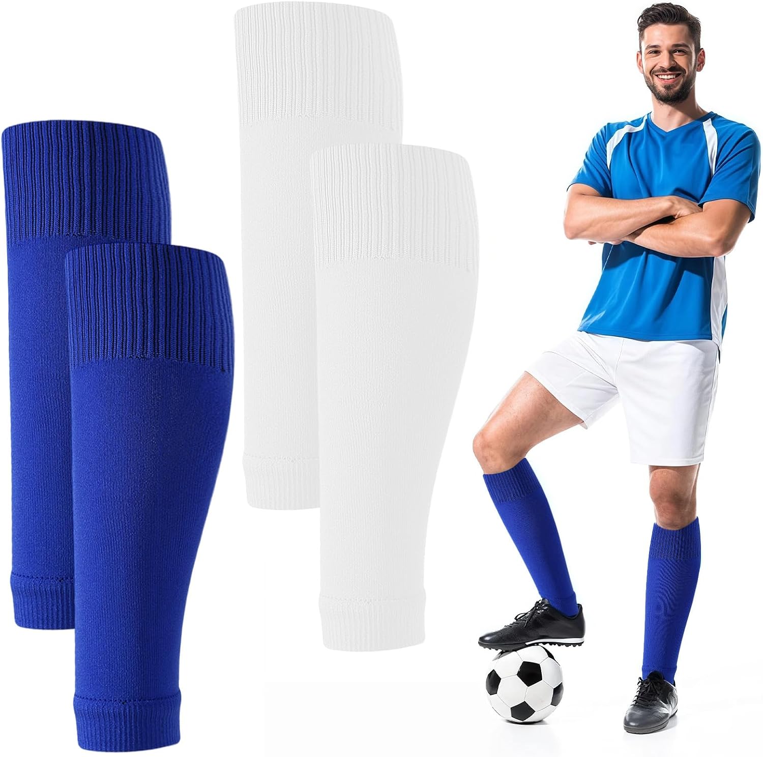 2 Pairs Pre Cut Soccer Socks, Soccer Sock Sleeves and Shin Guard Sleeves for Youth Men and Women, Breathable Stretch Calf Support, Secure Fit Leg Covers for Training Practice and Matches