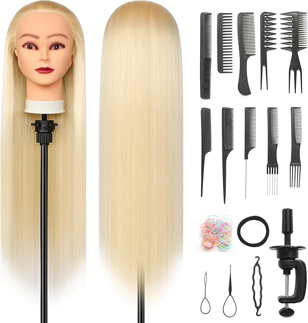Styling Head 28 inch Hairdresser Training Head 100% Synthetic Fiber Hair Styling Head, Training Head Hairdressing Head with Free Clamp and DIY Braiding Set (Blonde)