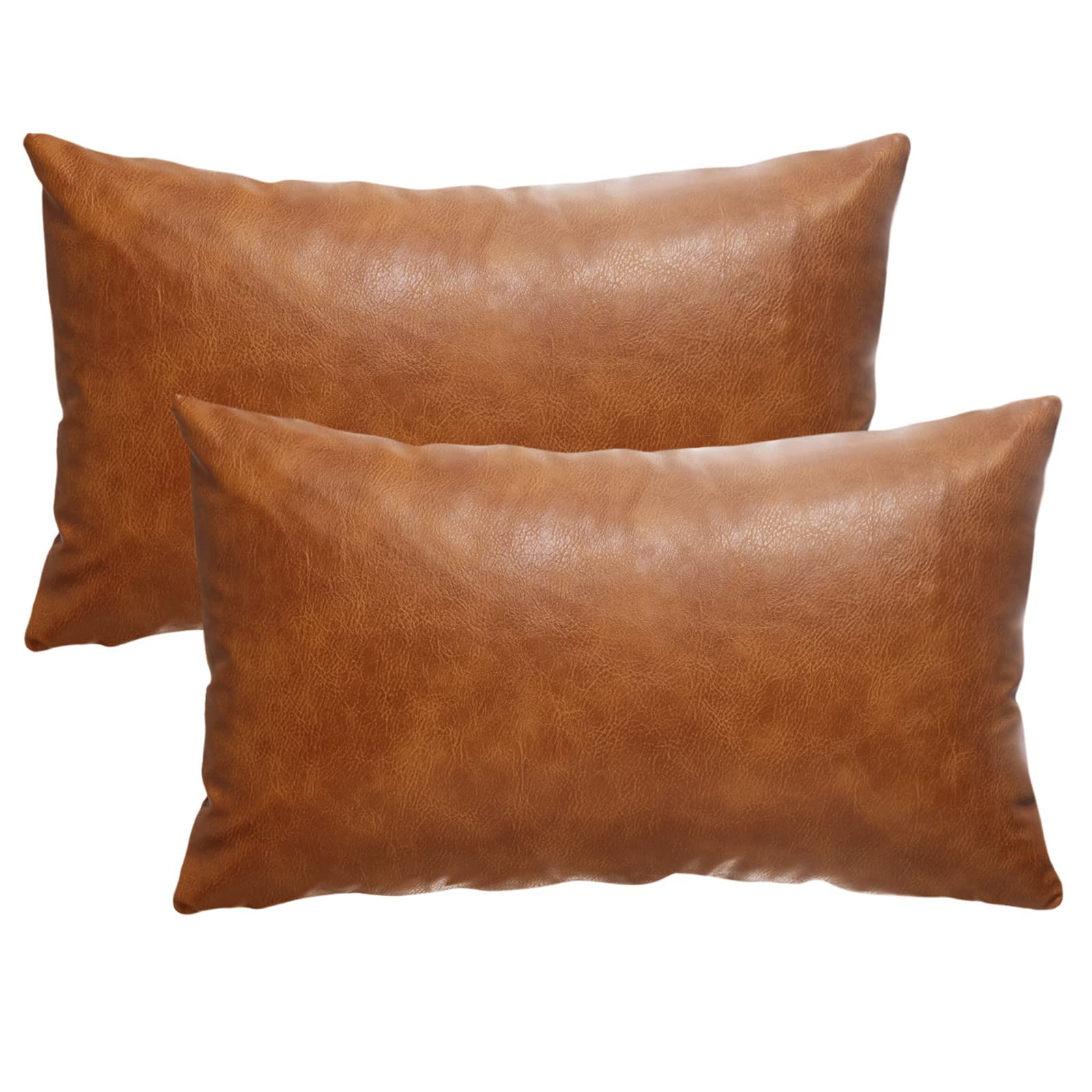 GEGELICA12X20 Inch Brown Faux Leather Throw Pillow Covers Set of 2 Modern Farmhouse Solid Outdoor Lumbar Boho Cognac Pillow Covers for Room Couch Living Bedroom Bed Sofa Decorative