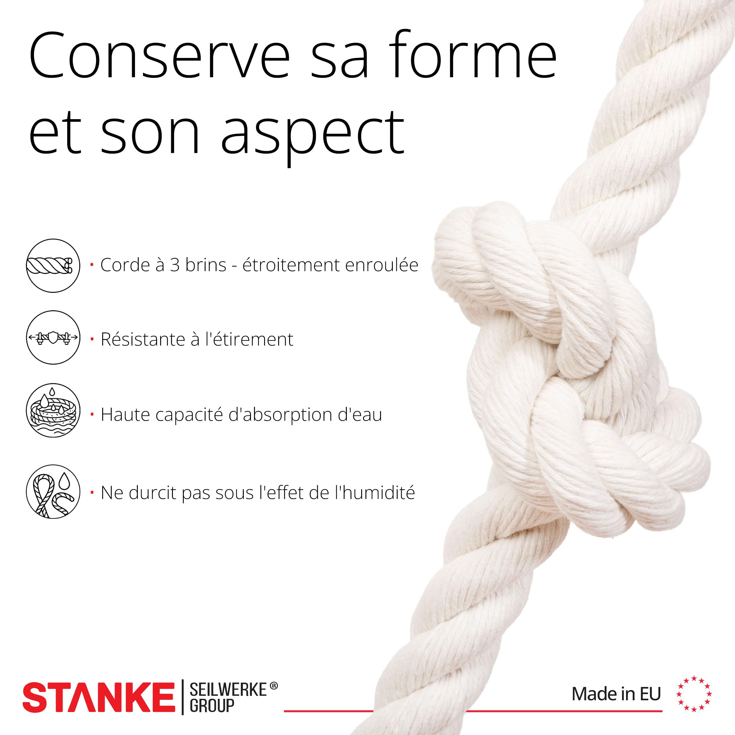 Seilwerk STANKE Grosse Corde Coton 30mm x 15m, torsadée en 3 brins - Plinthe Corde, pour Finitions murales, Protection Contre Les Chocs – Stable, Bonne adhérence, Facile à Nouer, 100% Coton Naturel