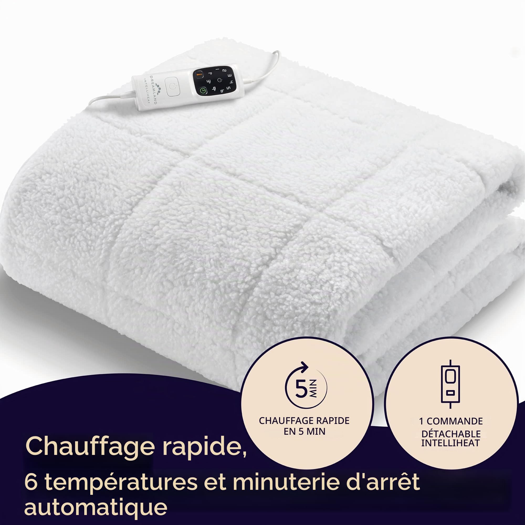Dreamland Intelliheat+ Couverture chauffante Rapide pour lit Double, 190 x 137 cm, Sangles élastiques, 1 contrôle, 6 réglages de température et minuteur, Lavable en Machine