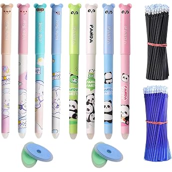 Pack of 8 Pens Animals Eraser Pen Animals 0.5mm Cute Pens Erasable Ballpoint Pen with 40 Refills and 4 Erasers for School Supplies Office Sketching Drawing Notes