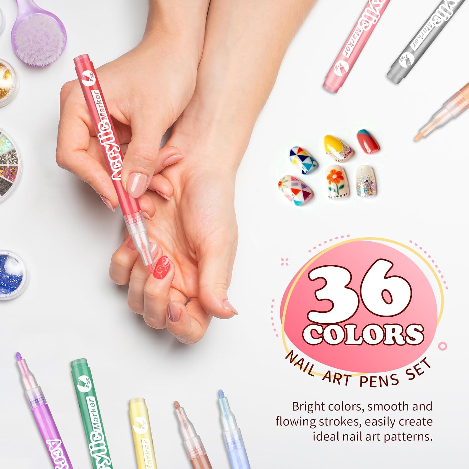 36 Colors Nail Art Pen Set,3D Acrylic Nails Art Markers Pens,Quick Dry Nail Doodle Pens for Home & Salon DIY Nail Art （1.0 mm Pen Nib）