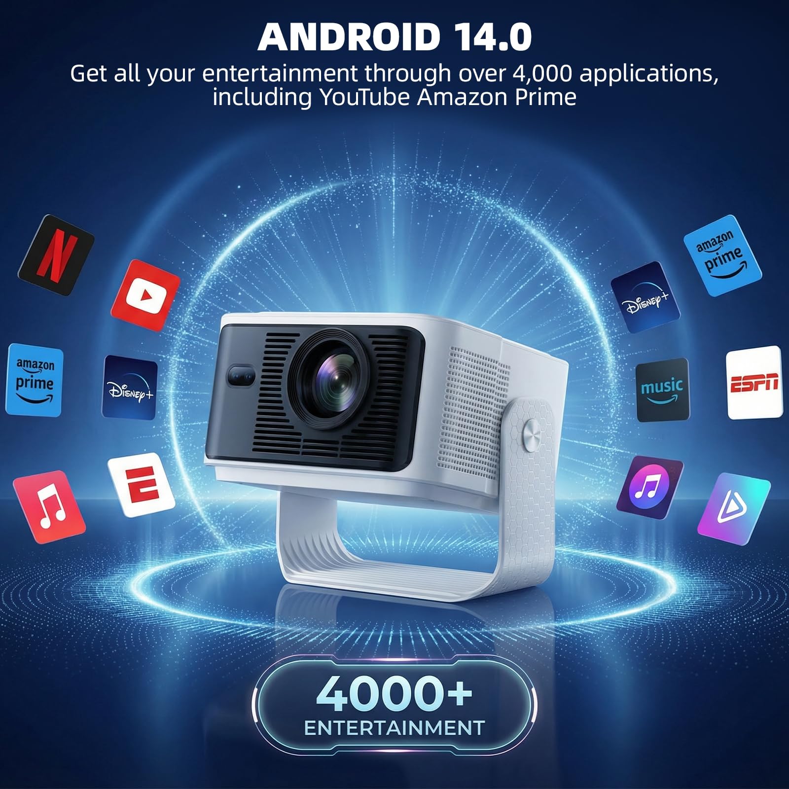 Vidéoprojecteur 4K Mini Projecteur Vidéo 1080P 35000LM Auto Focus/Keystone Smart Rétroprojecteur Portable WiFi6 Bluetooth Home Cinéma/Extérieur