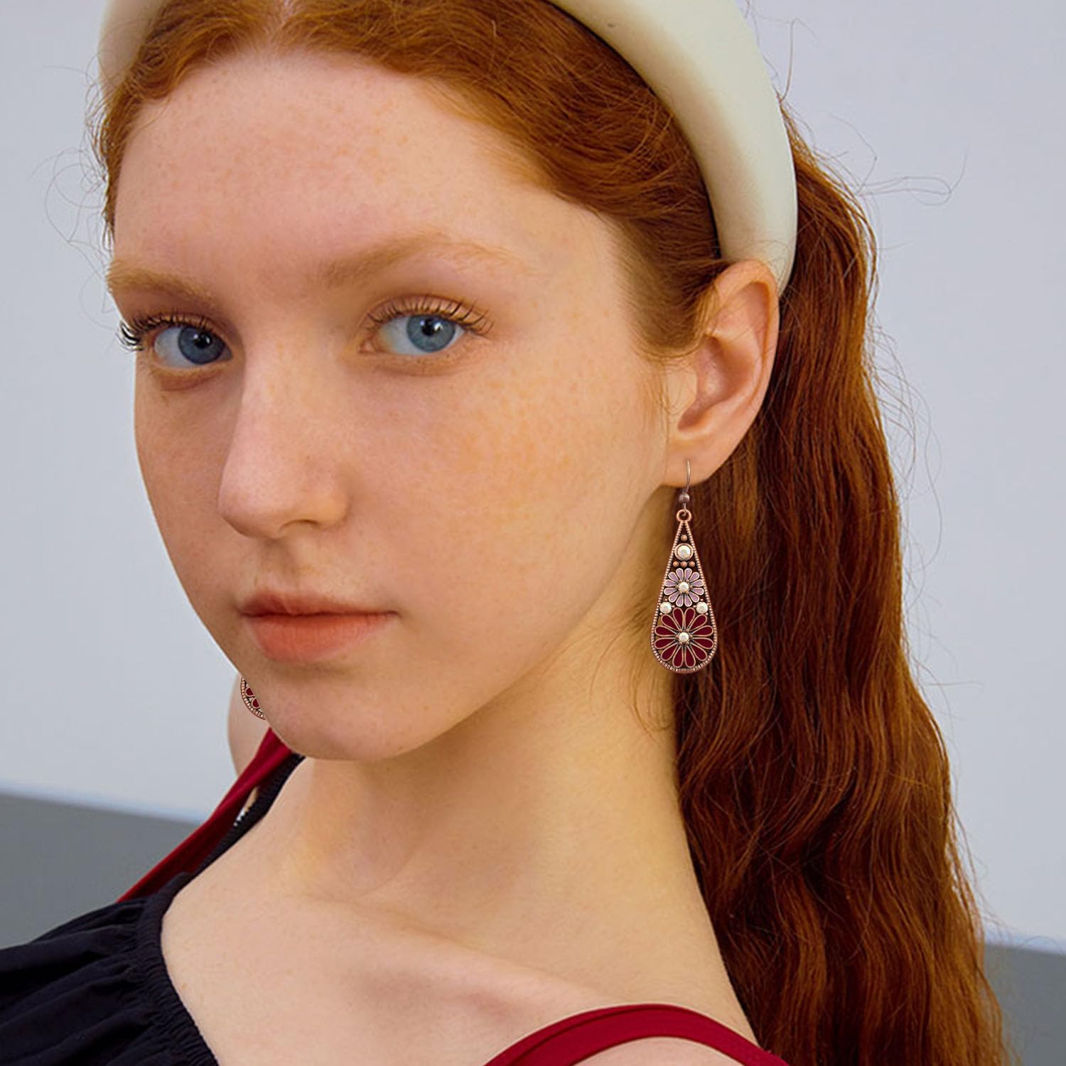 Handmade Bohemian Tribal Retro Copper Crystal Teardrop Dangle Drop Earrings National Style Geometry Colorful Enamel Flower Hook Earrings for Women - Image 4