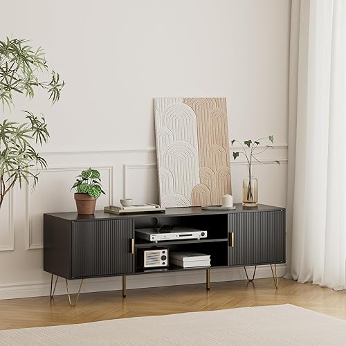 TV Stand for 55 60-inch TV, Entertainment Center with Soft Hinge Door,TV Console with 2 Cabinets with Gold Handle and Feet,for Living Room, Bedroom, Office,Black