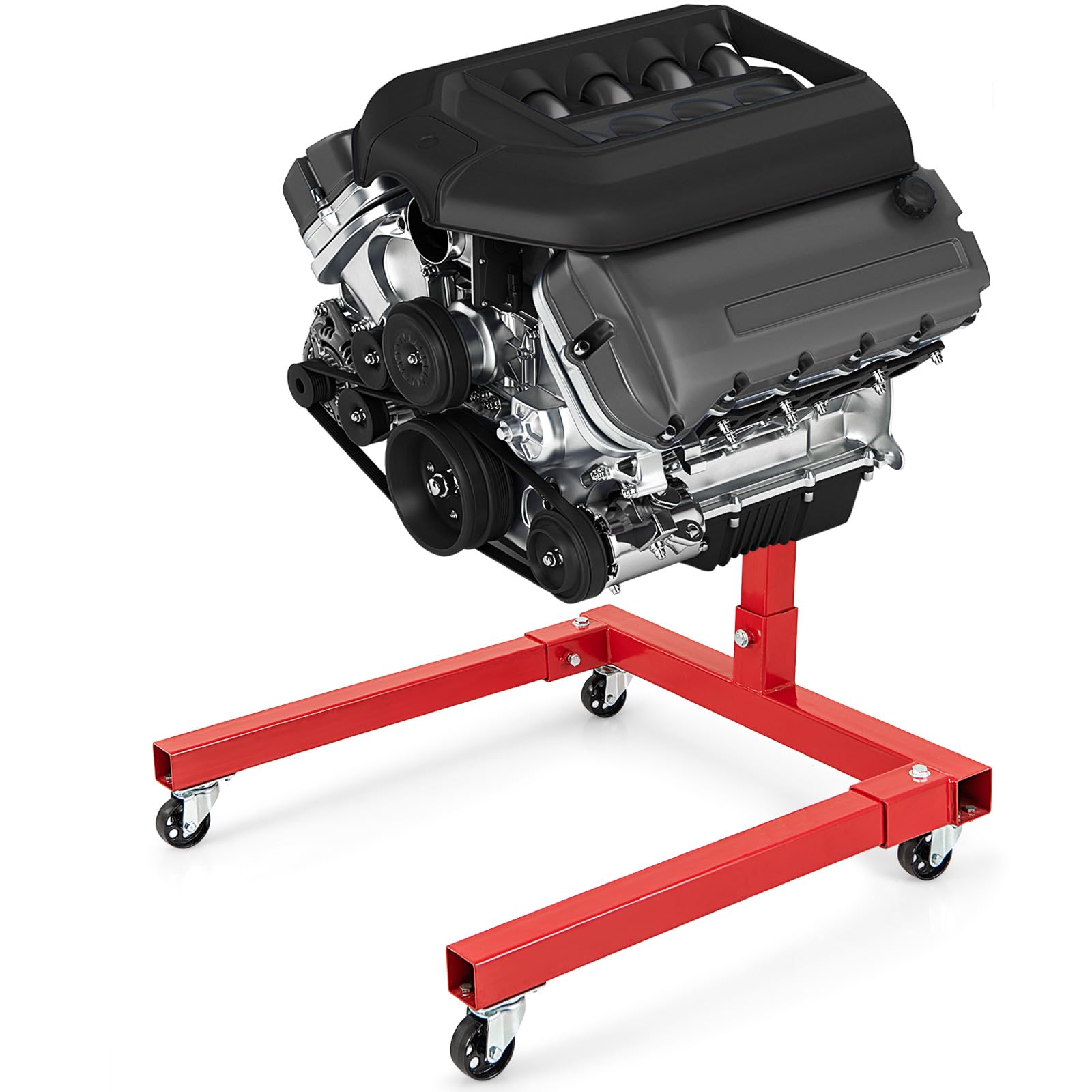 GOPLUS Caballete de Motor de 680 kg de Capacidad, con Cabezal Giratorio de 360 Grados, 4 Brazos Ajustables, 4 Ruedas y Mango Antideslizante, Elevador de Motor para Garajes y Talleres, Color Rojo