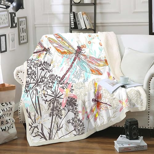 Feelyou Dragonfly Fleece Sherpa Throw Blanket Soft Cozy Fluffy Flowers