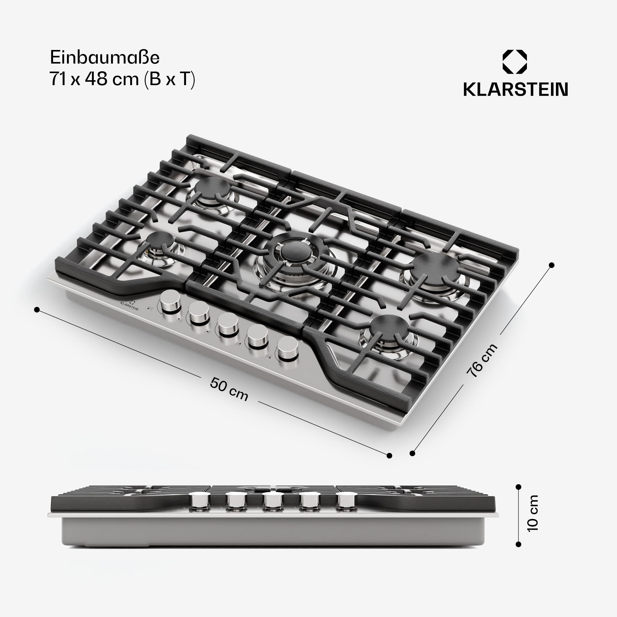 Klarstein Turbocast Gaskochfeld - 5-Brenner Edelstahl 304, 3,4 kW Wokbrenner, Gusseiserne Pfannenhalter, Elektrische Zündung, Sicherheitsabschaltung, LPG-Umrüstsatz, Gasherd, 750x500 mm