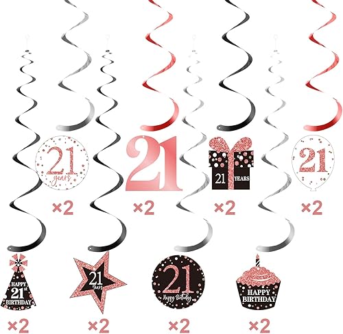 Miniatura 4 de Blulu Decoraciones de fiesta de cumpleaños número 21, pancartas de cumpleaños número 21, remolinos colgantes de oro rosa, decoraciones de techo,