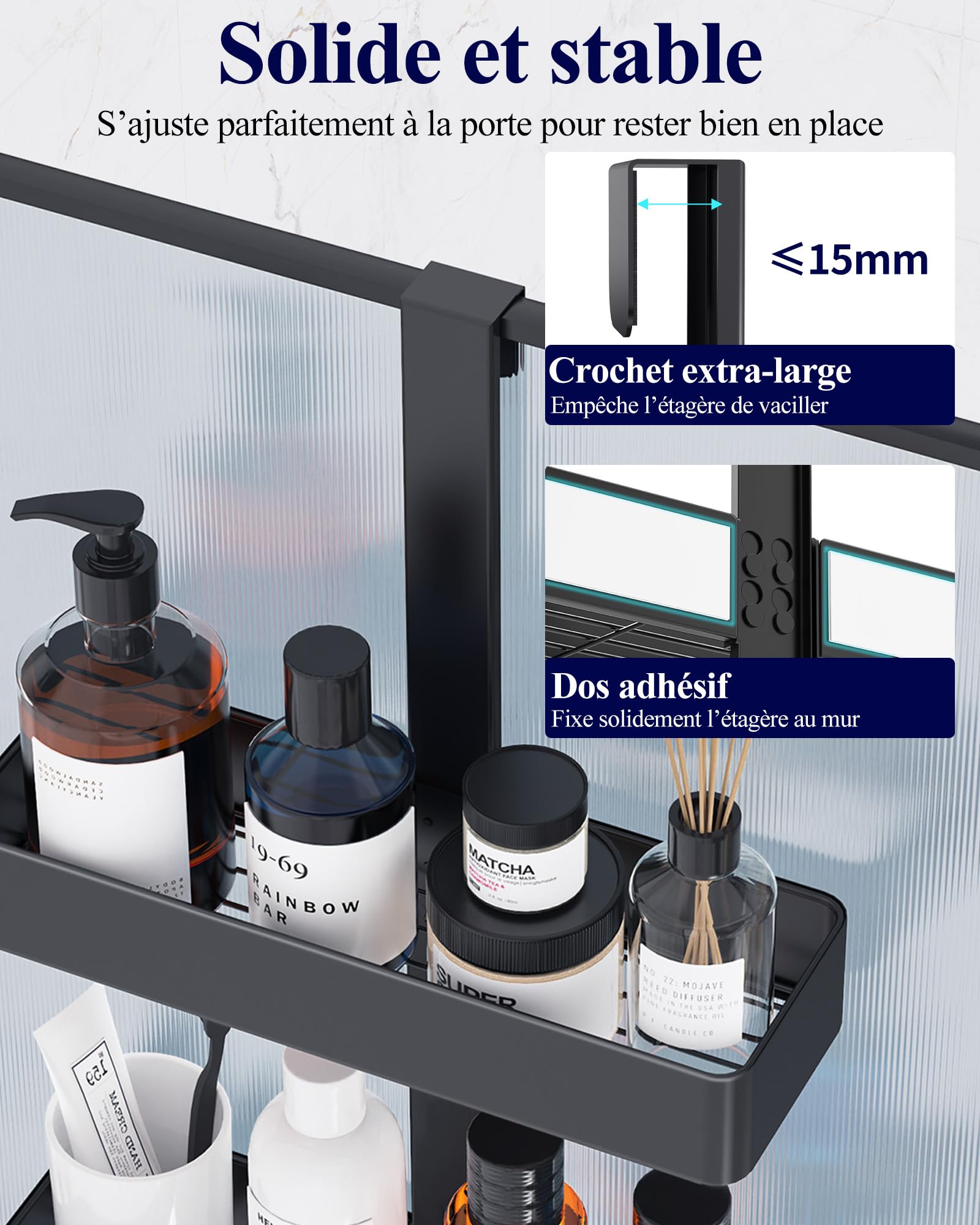 Kitsure Étagère Douche Suspendue 2 Niveaux sans Perçage Antirouille Rangement Salle de Bain Noir 29,1 x 11,2 x 55,3 cm