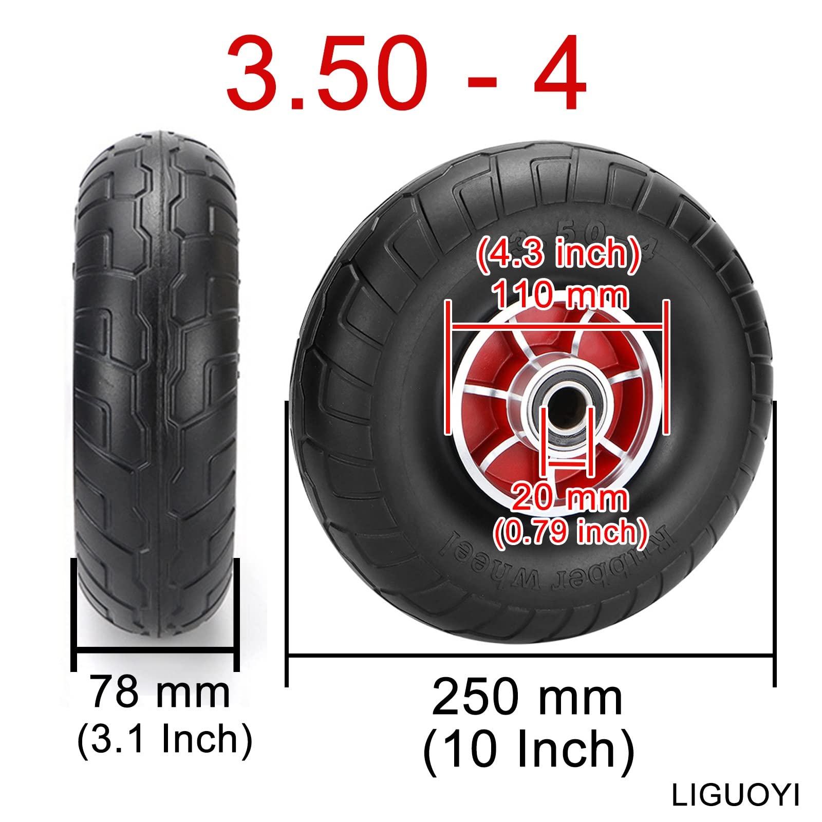 LIGUOYI Schubkarrenreifen Vollgummi 3.50-4/3.00-8 Ø 250/350mm Ersatz Rad Leichtmetallräder Mit Kugellager 20mm Wellenloch Tragkraft 300kg Ersatzrad Schubkarre Pannensicheres - Schachtlos