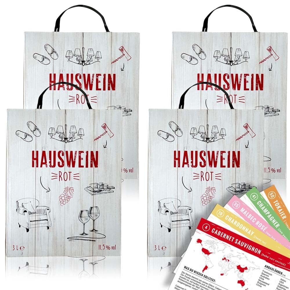 Hauswein Rot, halbtrocken, Bag-in-Box, sortenreines Weinpaket + VINOX Winecards (4x3,0l)