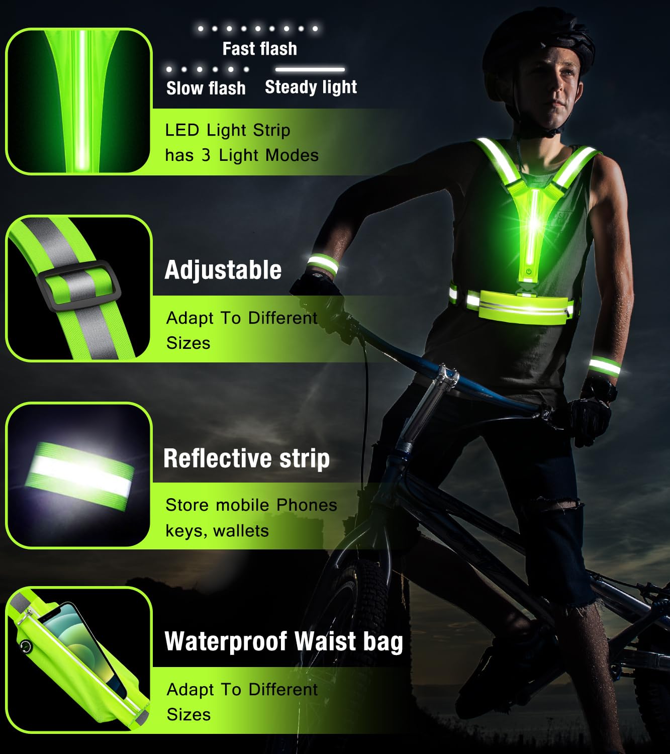 LED Reflective Vest Running Gear Set,USB Rechargeable Light Up Running Vest for Runners Night Walking with Waterproof Phone Bag,High Visibility Armband,Adjustable Waist&Shoulder for Men Women (Green) - Image 4
