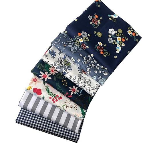 Misscrafts 7pcs Quilting Fabric 100% Cotton Craft Fabric Bundle Squares Fat Quarters 18" x 22" Multicolored for Patchwork DIY Sewing Scrapbooking Blue Sprig - Blue Sprig