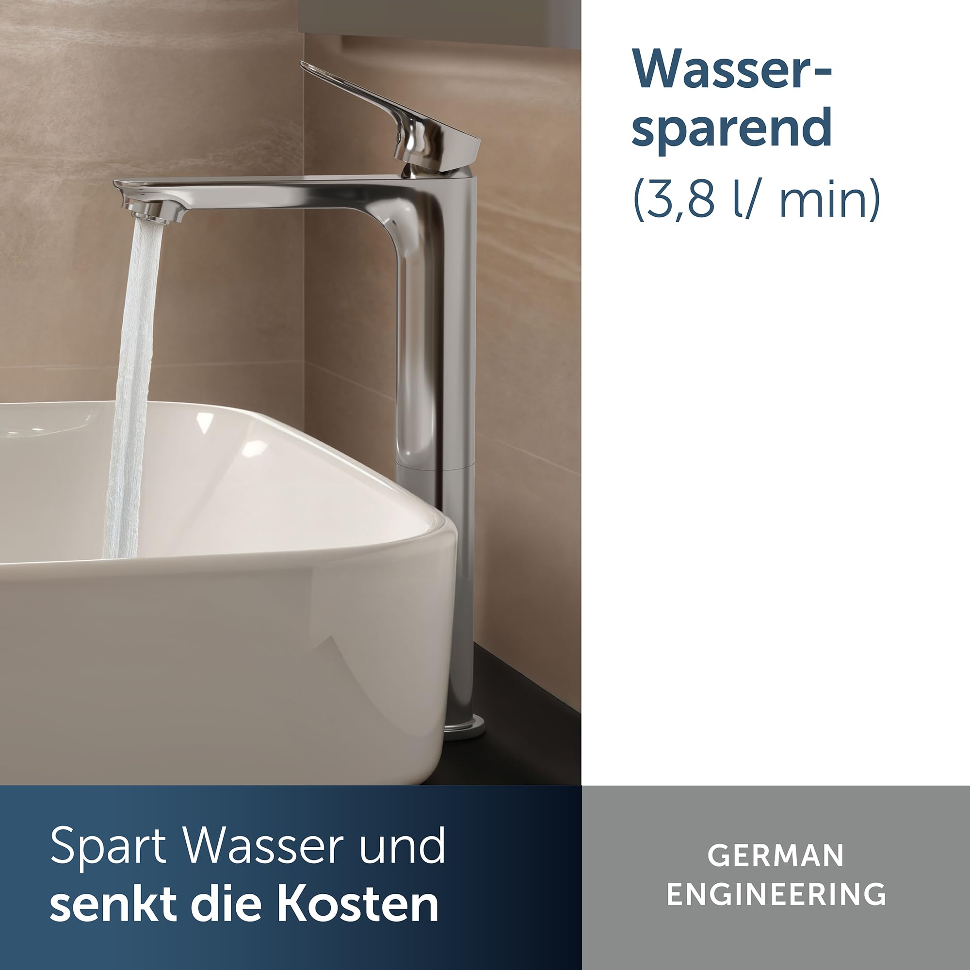 Ideal Standard Alero Waschtischarmatur, Auslaufhöhe 240 mm, wassersparender Wasserhahn Badezimmer, besonders langlebig, mit Ablaufgarnitur – Chrom (48 x 175,5 x 294 mm)
