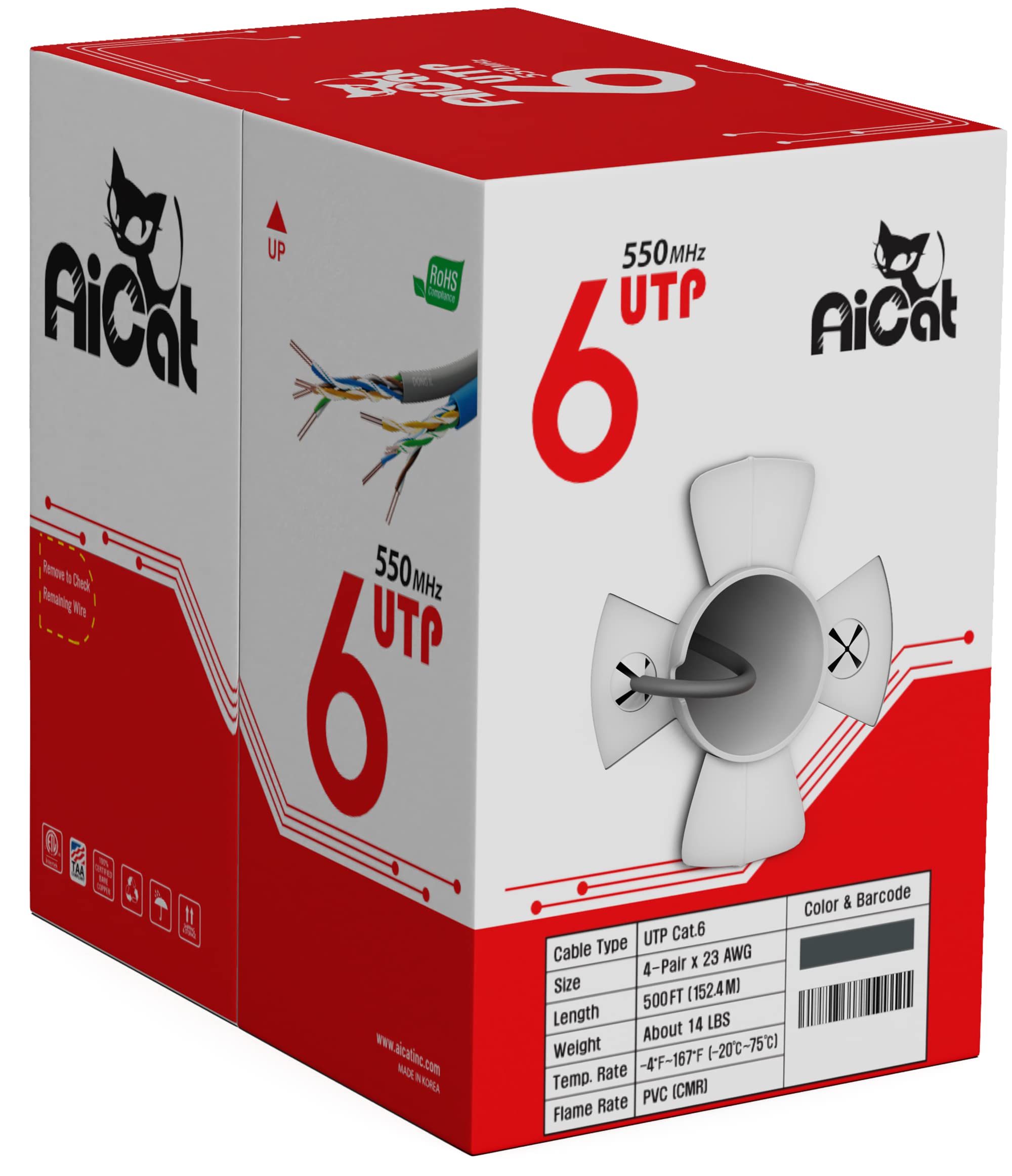 AiCat Cavo Ethernet Cat6 da 152,4 m, 23 AWG, CMR, ETL, isolato in solido filo di rame nudo con separatore incrociato a riduzione del rumore, velocità 550 MHz/10 Gigabit, PoE++, cavo LAN UTP non