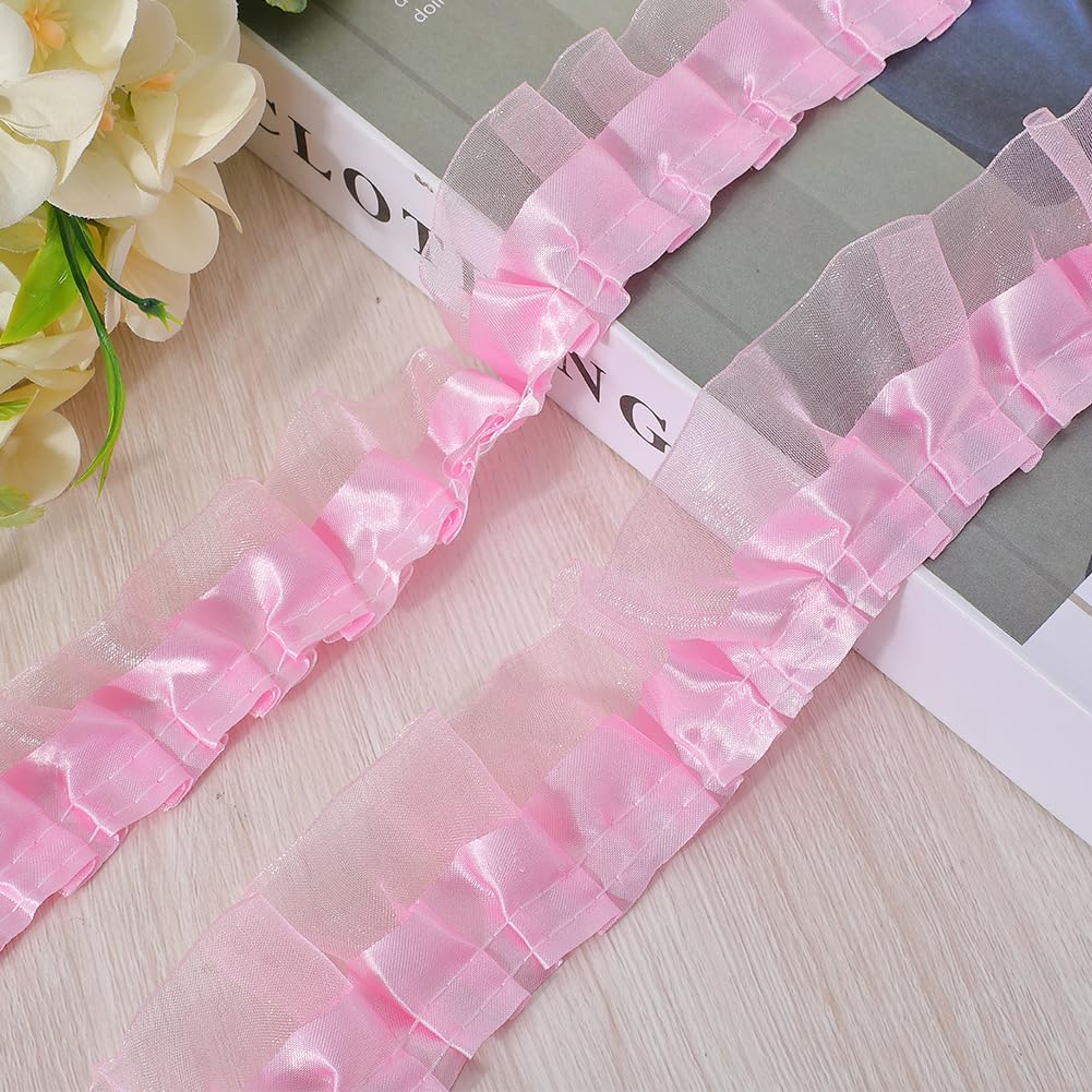 GORGECRAFT 11 Yards 2-Layer Satin Organza Lace Edge Trim 1.57 Inch Pleated Ruffle Chiffon Ribbon Gathered Edging Trimmings Fabric for Cloth Dress Sewing Embroidered Applique Wedding Party Decor Pink