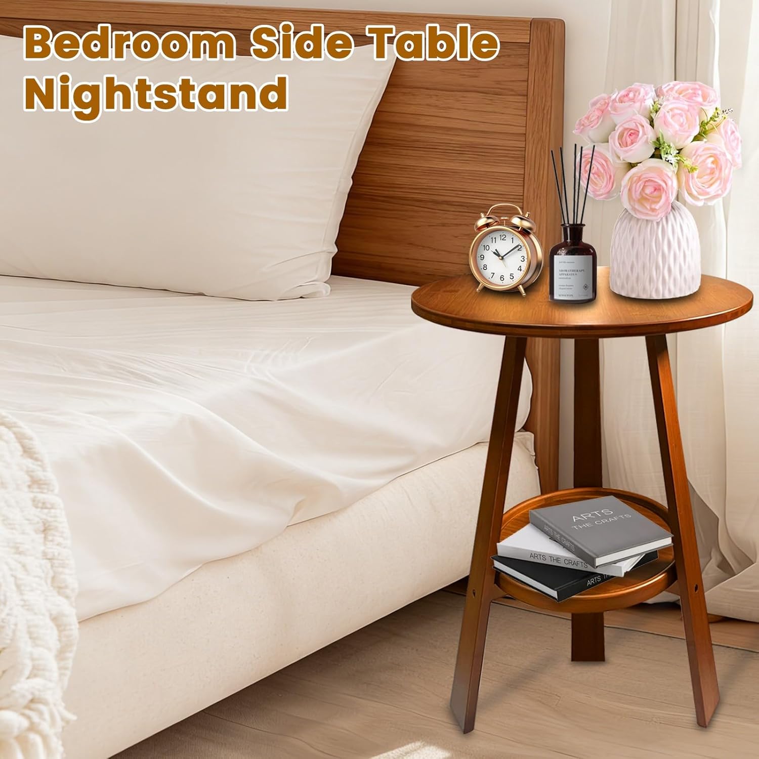 Bamboo Side Table - Eco-Friendly End Table with Dual Round Shelves & Geometric Base | Modern Minimalist Accent Table for Living Room, Bedroom (Natural, 24" H x 18" L x 18" W)