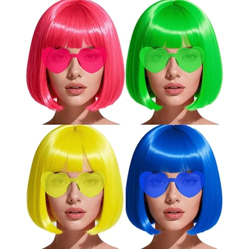 Colored Bob Wigs with Heart Sunglasses and Hair Cap- 4 Sets | Pink Blue Yellow Green Short Neon Bob Wig with Bangs Colorful Funny Hair for Women Men Costume Party Favors