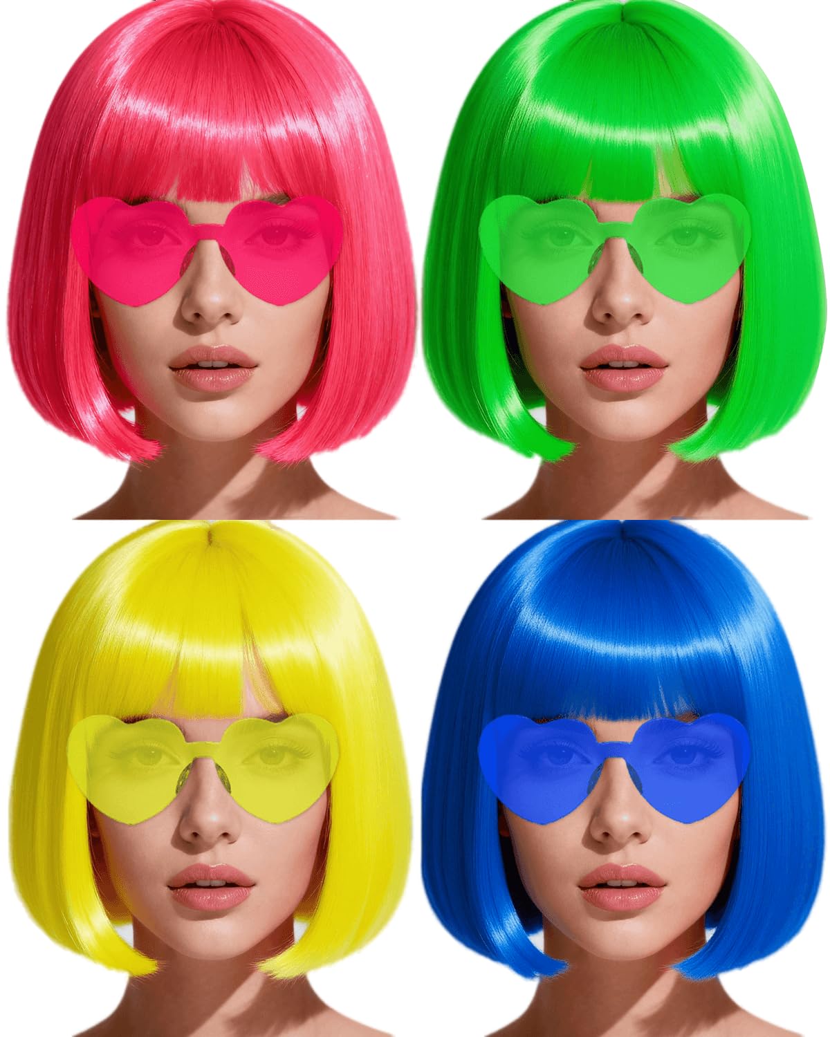 Colored Bob Wigs with Heart Sunglasses and Hair Cap- 4 Sets | Pink Blue Yellow Green Short Neon Bob Wig with Bangs Colorful Funny Hair for Women Men Costume Party Favors