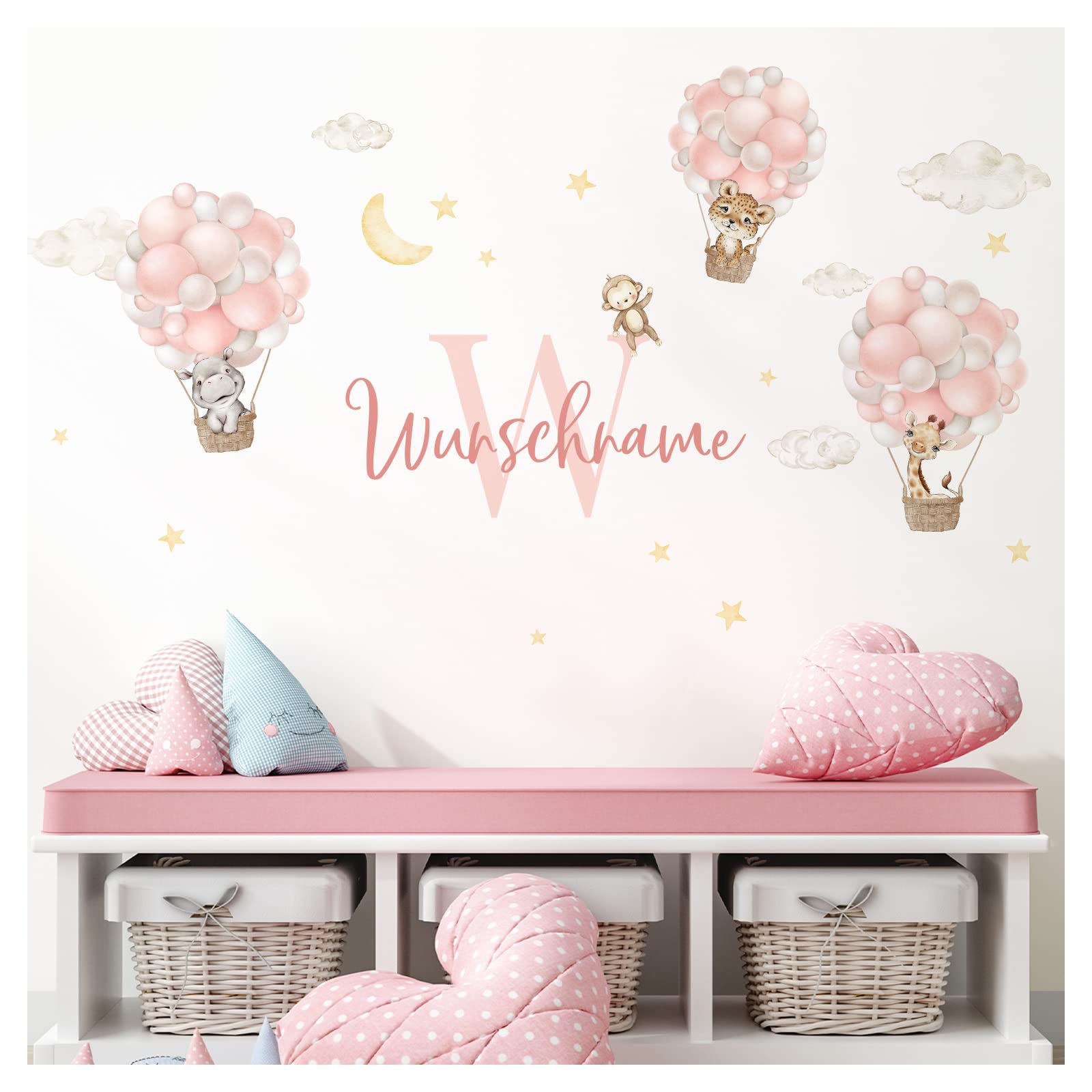 Little Deco Wandtattoo Dschungeltiere im Ballon & Wunschname Kinderzimmer Babyzimmer Giraffe Wandaufkleber Mädchenzimmer Wandsticker Nilpferd Aufkleber DL966-1