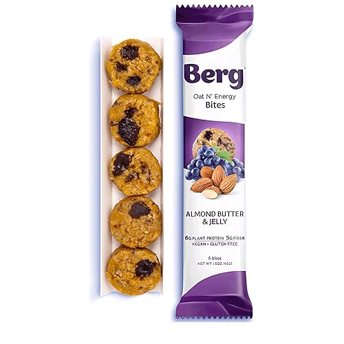 Berg Bites Bocaditos de mantequilla de almendras y gelatina a base de plantas, vegano, sin gluten, 0.18 onzas de proteína, 0.18 onzas de fibra, caja