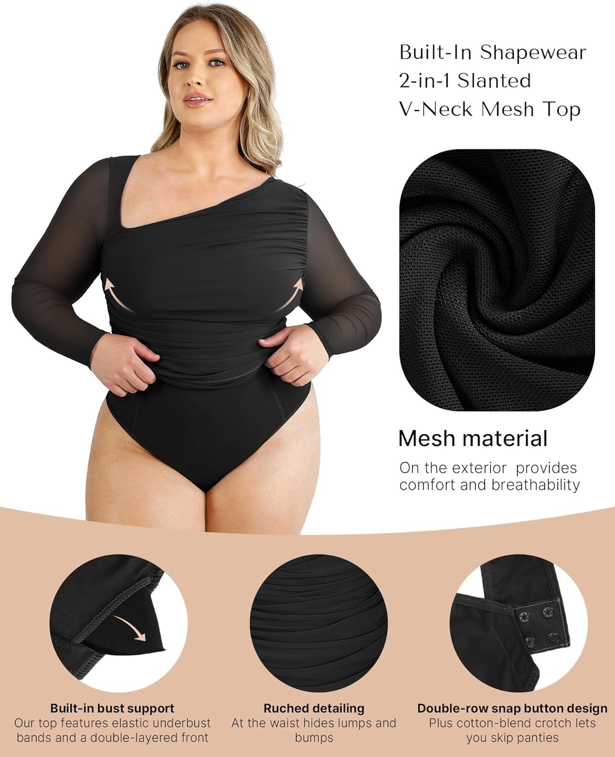 SHAPELLX Long Sleeve Bodysuit Tummy Control Shapewear Built in Bra 2 in 1 Bodysuit Tops Thong Full Body Shaper for Womens - Image 2