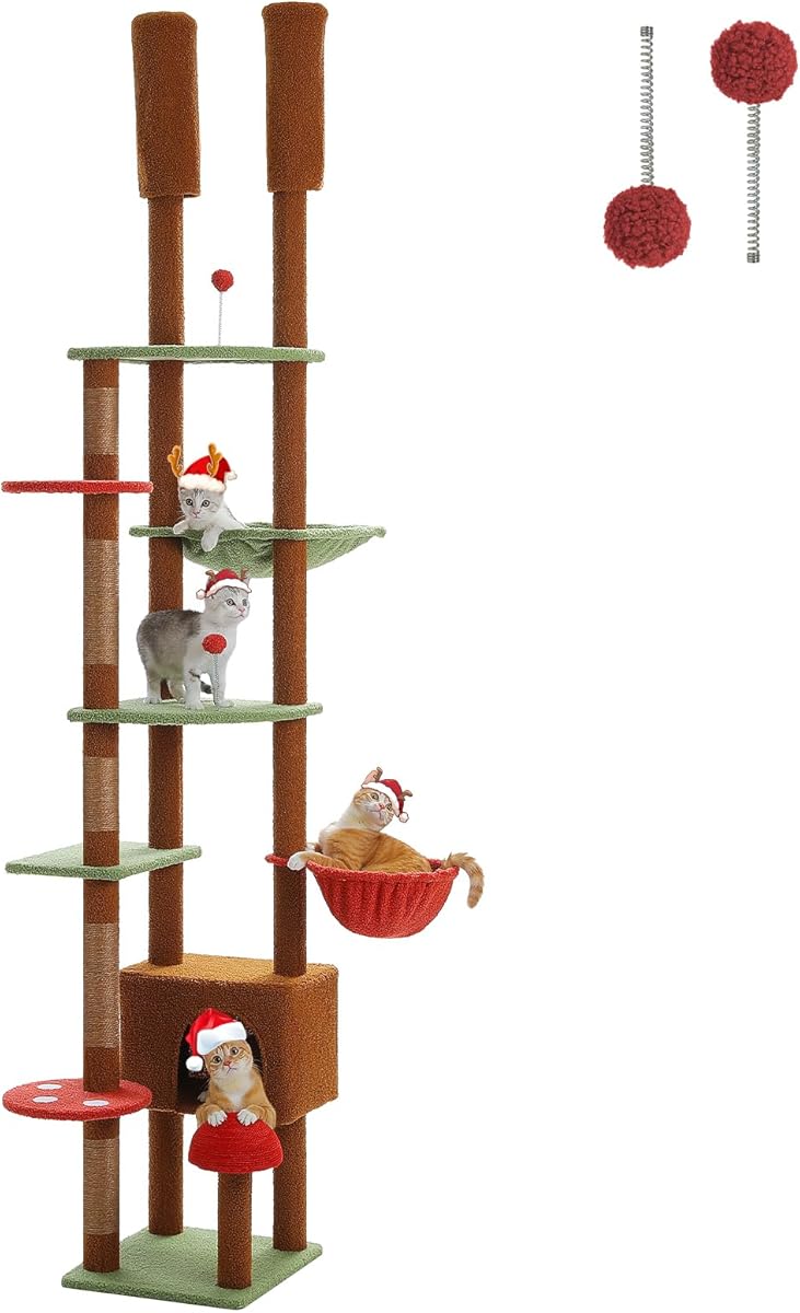 PEQULTI Mushroom Floor to Ceiling Cat Tower Adjustable Height (90.5''-100.4'' = 230cm-252cm) With Condo, Cozy Hammock and Scratching Post, Tall Activity Tree for Indoor Cats, Brown : Amazon.co.uk: Pet Supplies