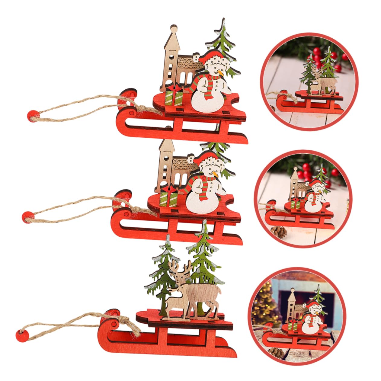 Garneck 3pcs Wooden Christmas Sleigh Miniature Sleigh Xmas Hanging Mini Sled Ornament Santa Ornament Santa and Christmas Xmas Pendants Boxwood - Image 2